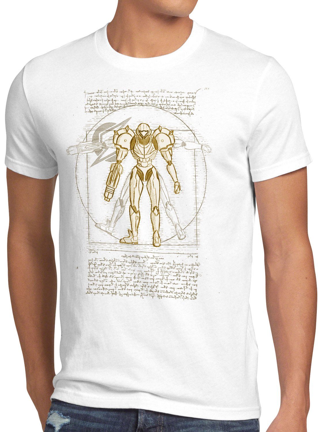 style3 Print-Shirt Herren T-Shirt Vitruvianische Samus Return metroid nerd gamer nes snes weiß