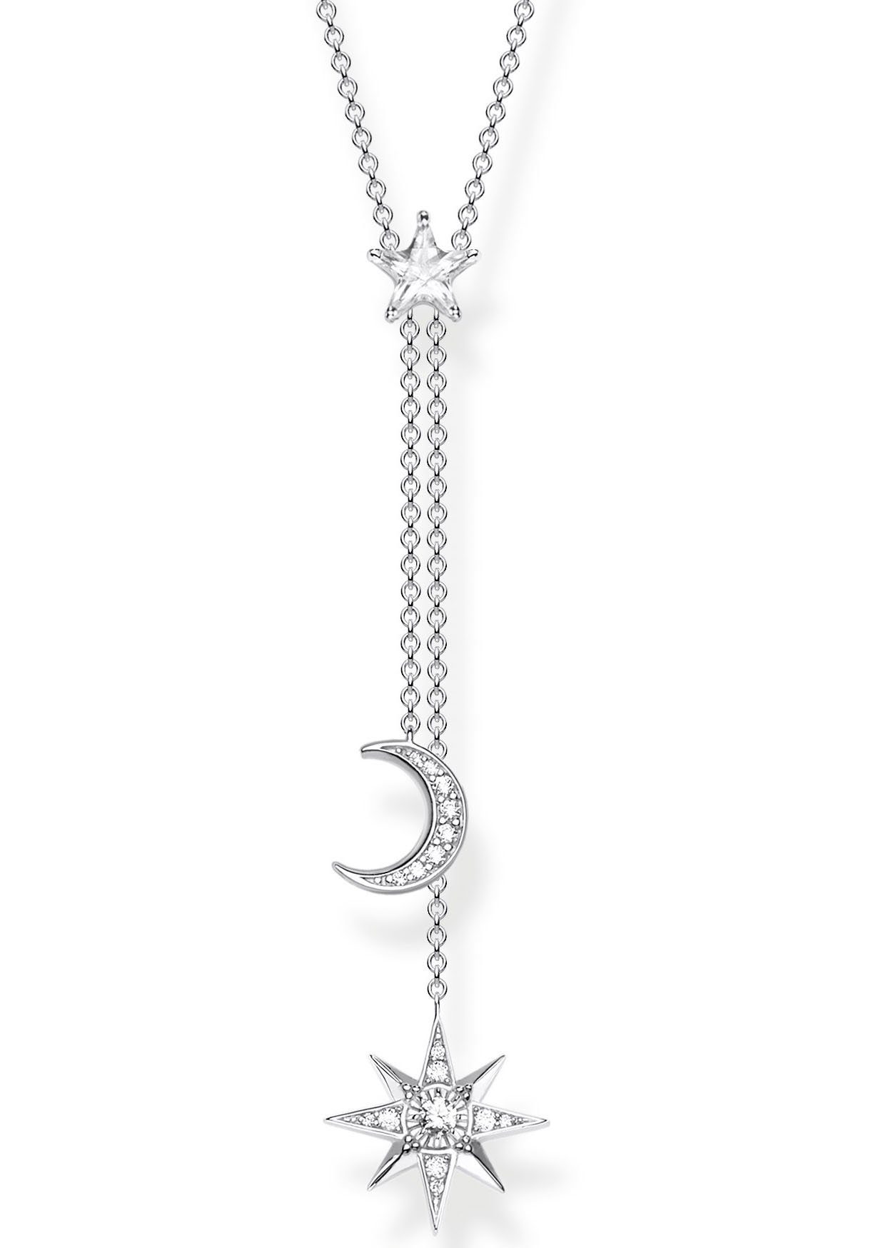 THOMAS SABO Kette mit Anhänger Stern & Mond silber, KE1900-051-14-L45V, mit  Zirkonia (synth), Kosmos-inspirierte Halskette mit angesagter Y-Form