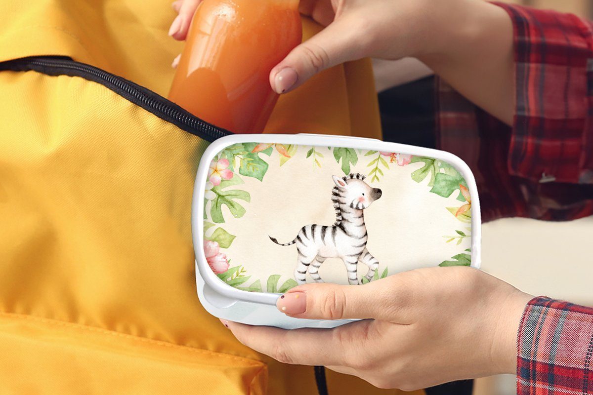 Lunchbox Aquarell, Brotdose, (2-tlg), - Zebra Brotbox und für Kinder MuchoWow weiß - Dschungel und Mädchen für Kunststoff, Erwachsene, Jungs