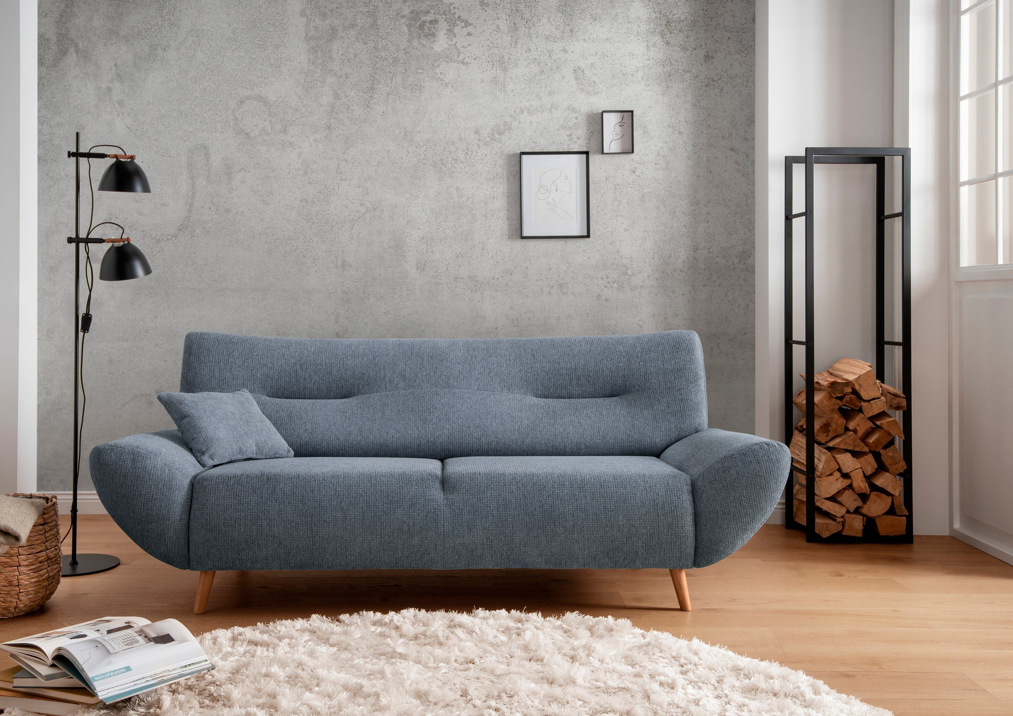 Home affaire 3-Sitzer Drago Wellenunterfederung, Breite 205cm, Holzfuß, frei im Raum stellbar, inkl. 1 Zierkissen