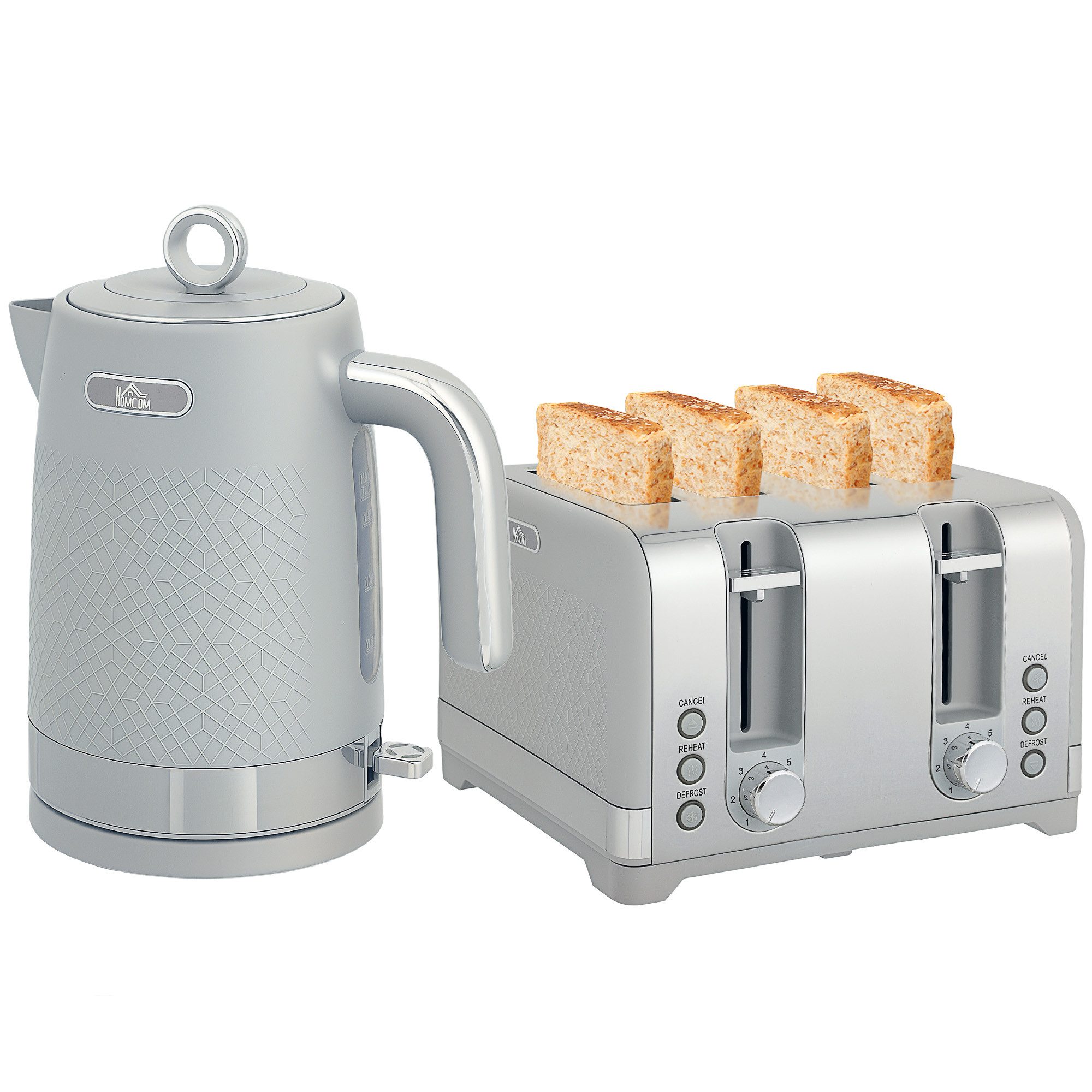 HOMCOM Frühstücks-Set 2200W Schnell, Kalkfilter, 7 Bräunungsstufen, Krümelfach, Grau (2-tlg), 4-Scheiben-Toaster, 1,7L Wasserkocher