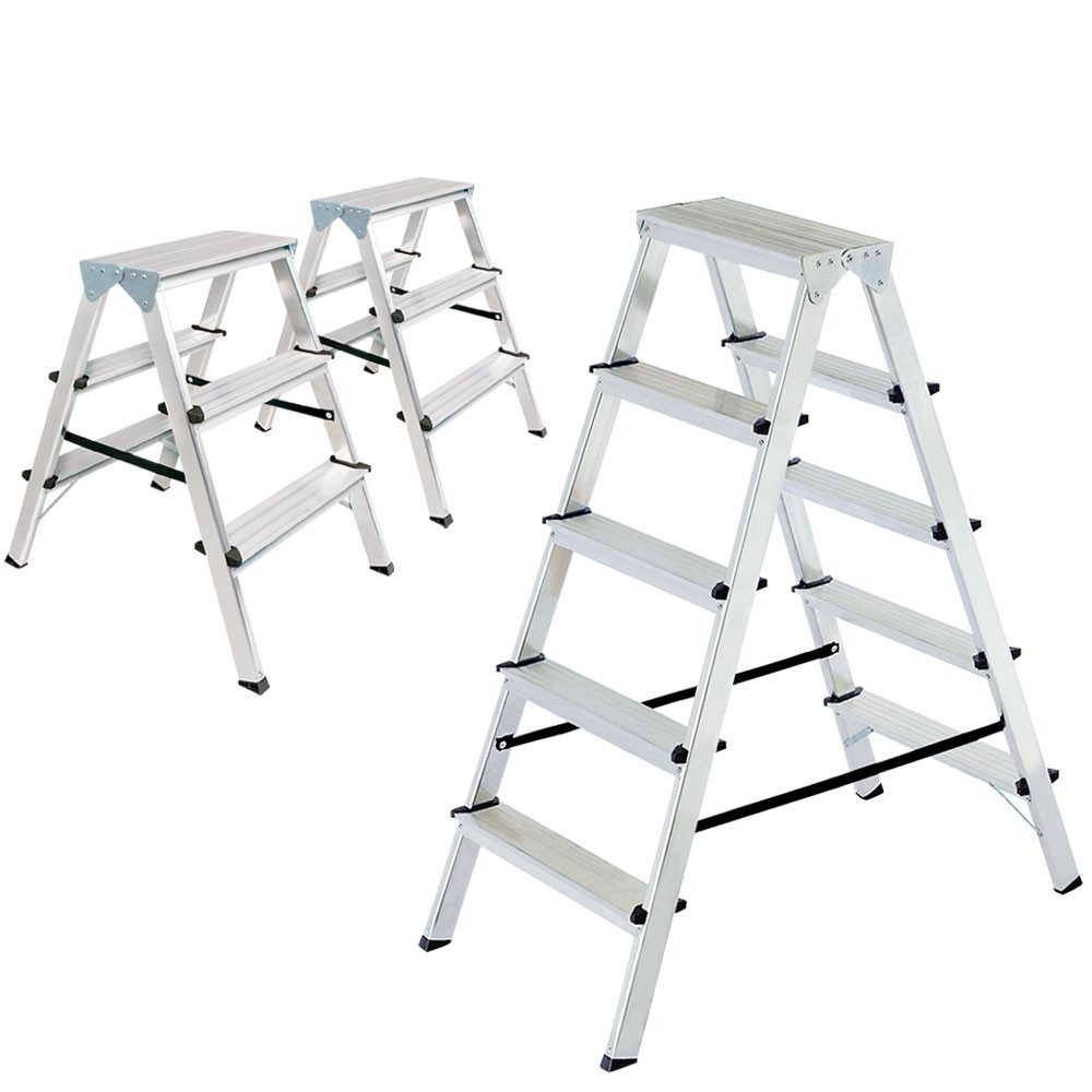 BRB-Lagertechnik Doppelleiter 3 Doppelleitern aus Alu, 2 Leitern 2x3 Stufen + 1 Leiter 2x5 Stufen, Hoch belastbar