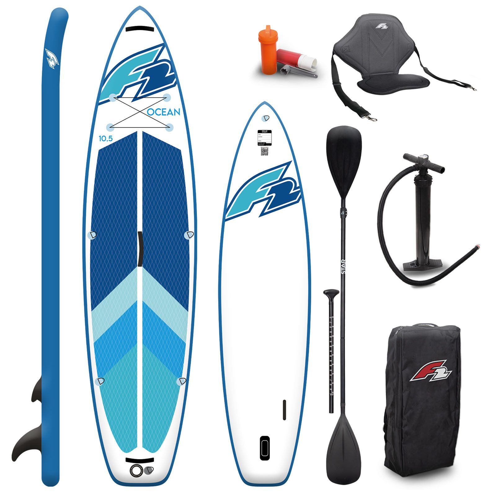 F2 SUP-Board F2 Marken Stand Up Paddle Board Ocean Blau SUP 10'5 320cm + Kajak Zube, Stand up paddle board