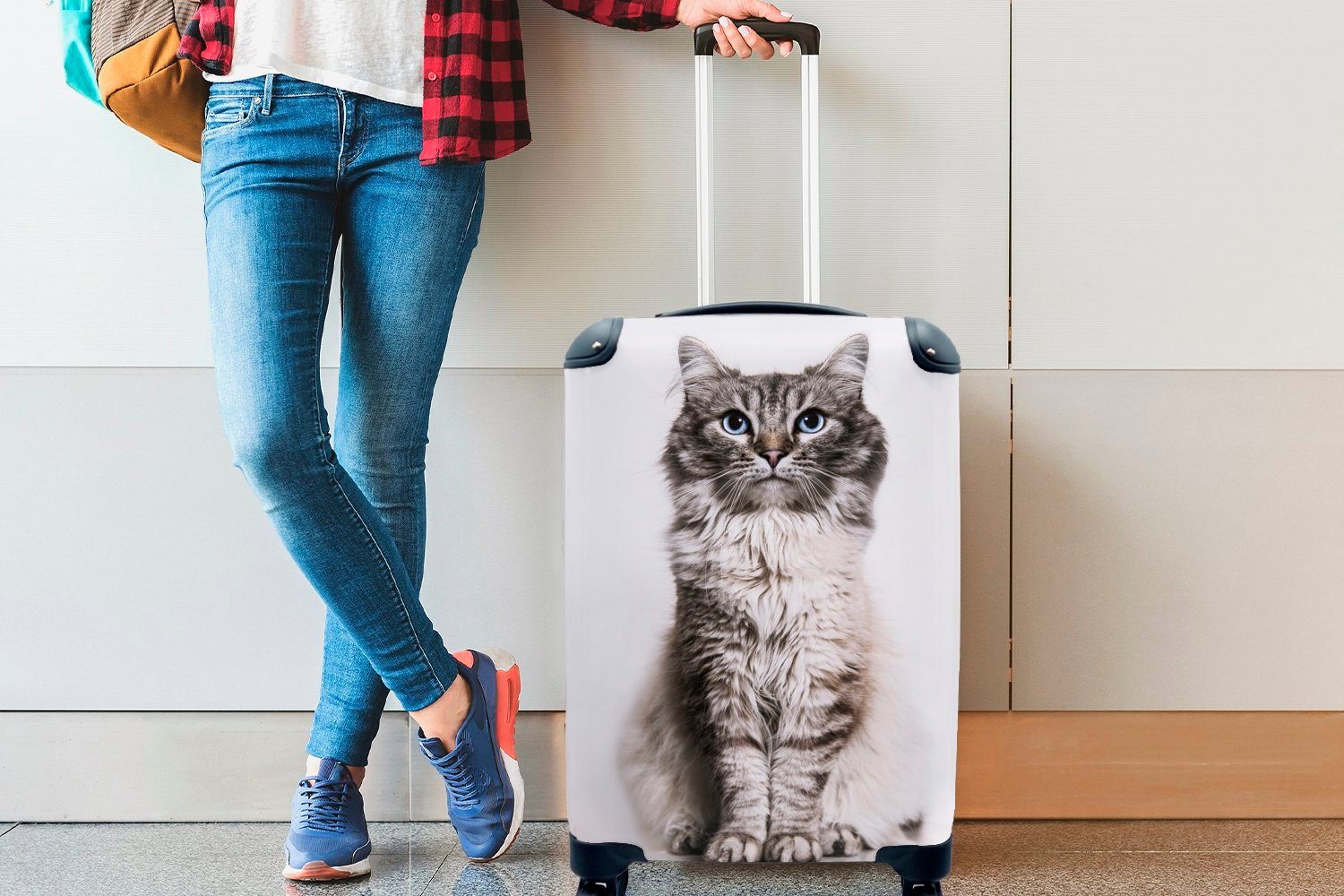 Ferien, Handgepäckkoffer 4 weißem mit mit für Reisekoffer auf Rollen, Handgepäck Katze Reisetasche Augen Trolley, MuchoWow Hintergrund, blauen rollen,
