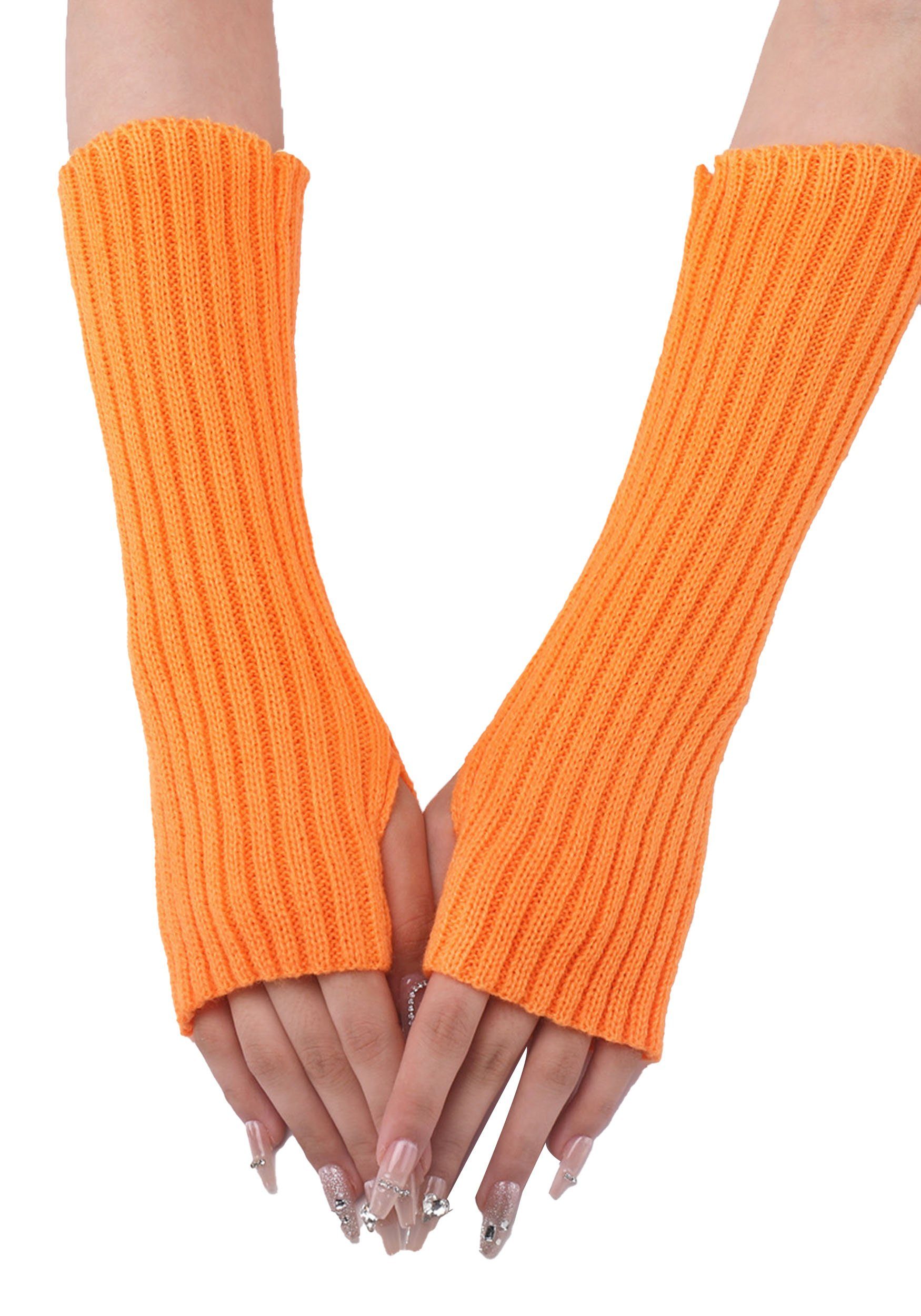 MAGICSHE Strickhandschuhe Lange Fingerlose Armwärmer Daumenloch Dehnbare Handschuhe für Frauen Orange