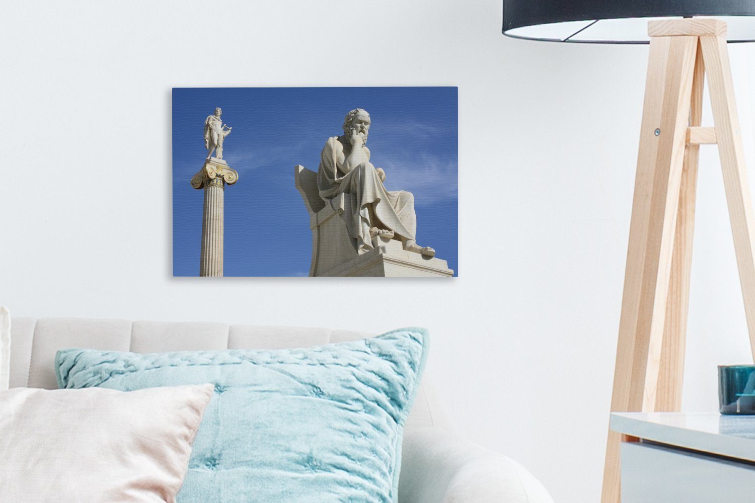 OneMillionCanvasses® Leinwandbild Die Wanddeko, 30x20 St), Statuen Sokrates cm in (1 Apollo Athen, und von Aufhängefertig, Wandbild Leinwandbilder