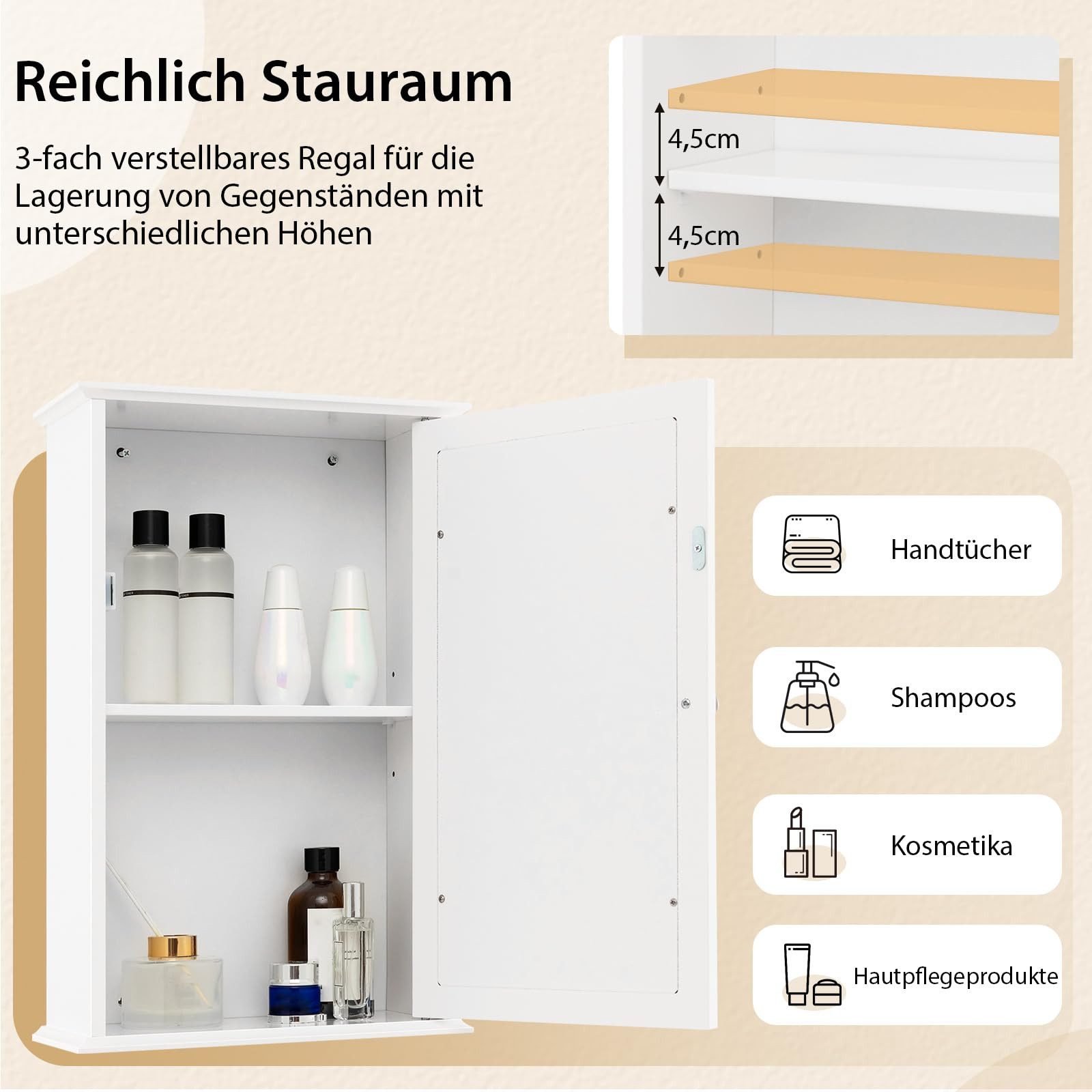 COSTWAY Spiegelschrank Bad Badezimmerschrank mit Tür, verstellbarer Ablage günstig online kaufen