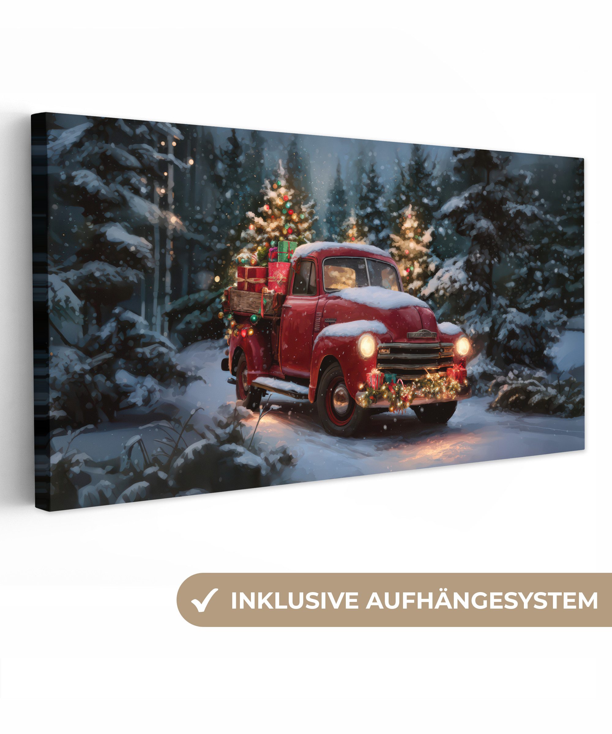 OneMillionCanvasses® Leinwandbild Panorama Weihnachts-LKW - Schneewald - Rot, Fotodruck (1 St), Wandbild, Deko Schlafzimmer Wohnzimmer Flur 40x20 cm