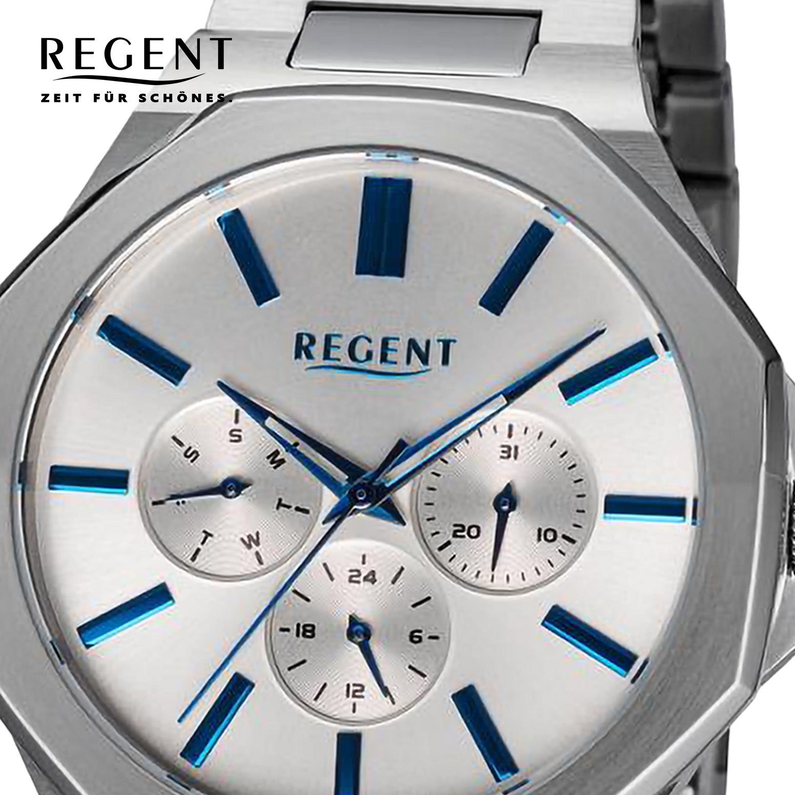 Regent Quarzuhr Regent Herren groß Herren 42mm), extra Armbanduhr Armbanduhr (ca. Metallarmband Analog, rund