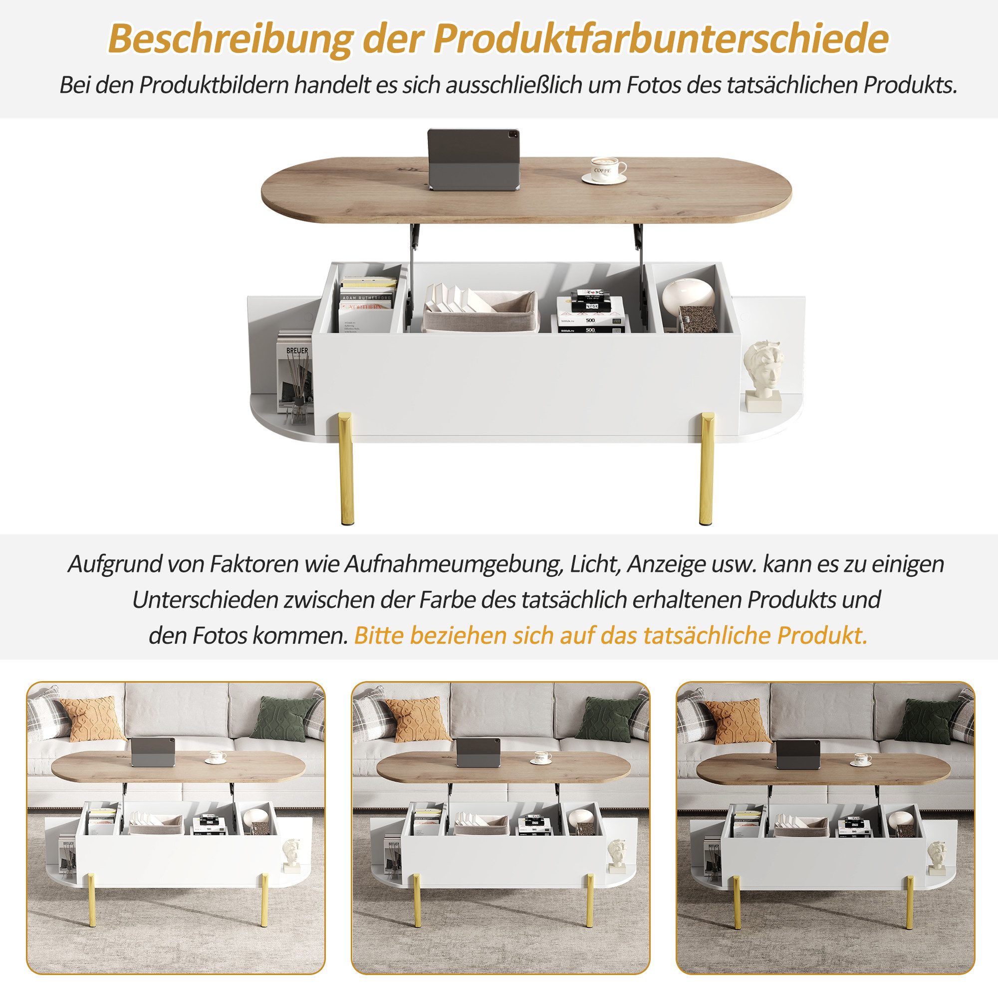 Merax Couchtisch höhenverstellbar Besitelltisch mit goldfarbenen Metallbeinen,Holzoptik (1-St., 120×50×43cm), Wohnzimmertisch mit Lift-Top, 7 Ablageflächen & ve – Bild 5 von 5