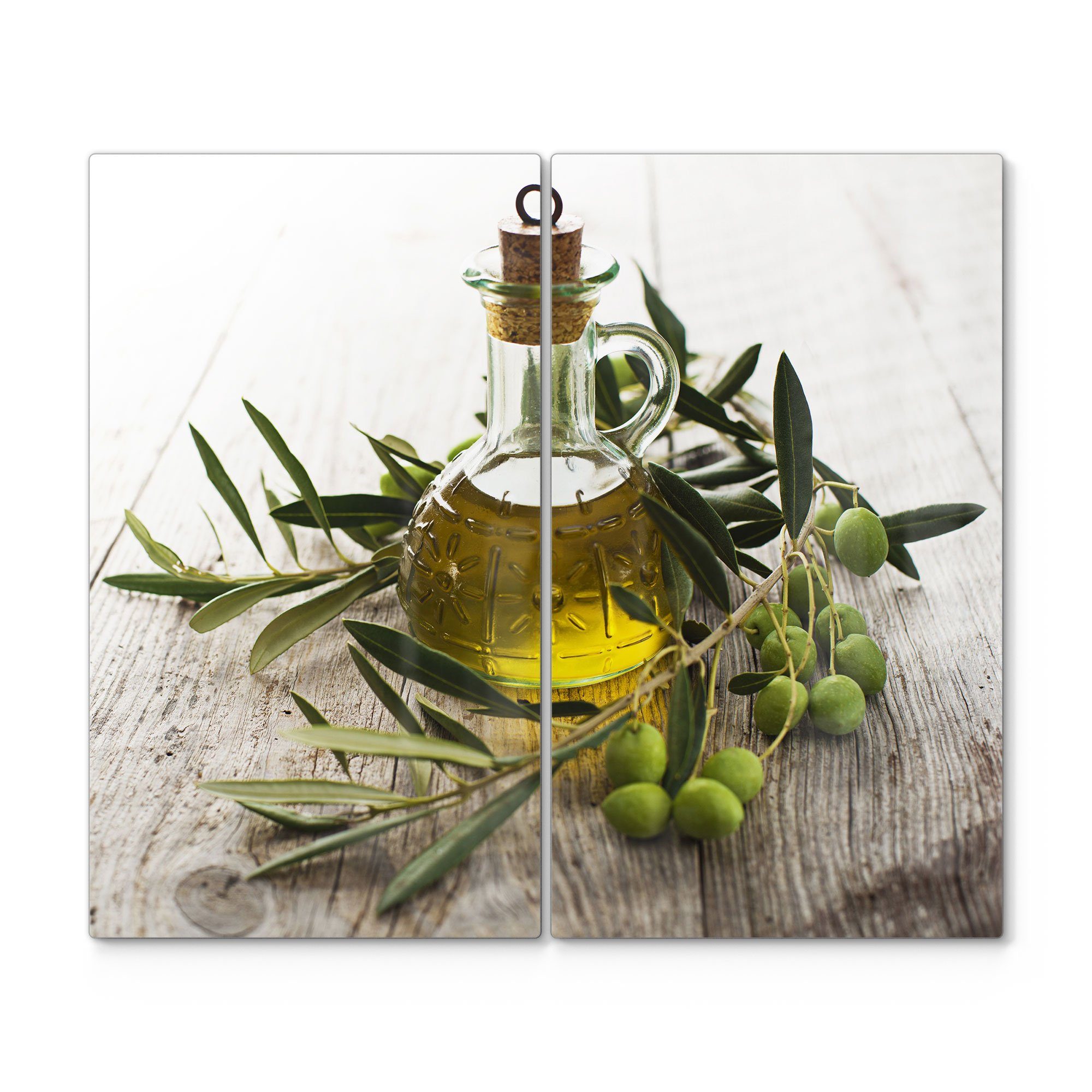 DEQORI Herdblende-/Abdeckplatte 'Olivenöl mit Olivenzweig', Glas, (2 tlg), Glas Herdabdeckplatte Ceranfeld Herd