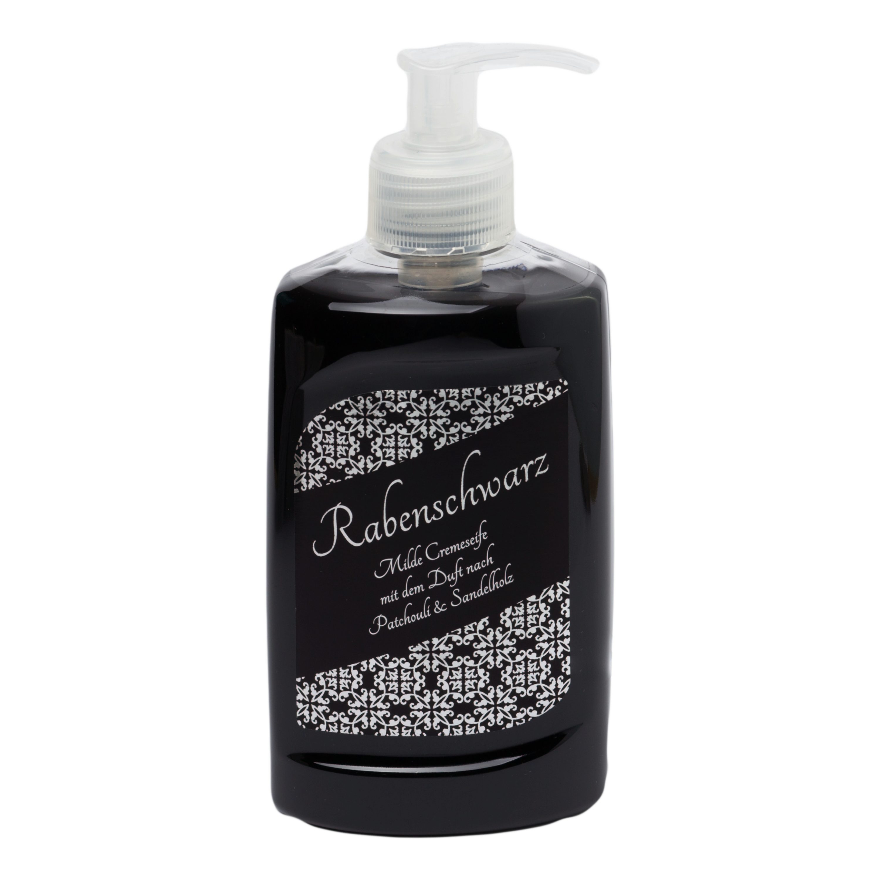 ≈petra Flüssigseife Cremeseife Rabenschwarz [300 ml] aus der ≈petra Manufaktur, schwarz mit schwerem, erdigen Duft nach Patchouli und Sandelholz.