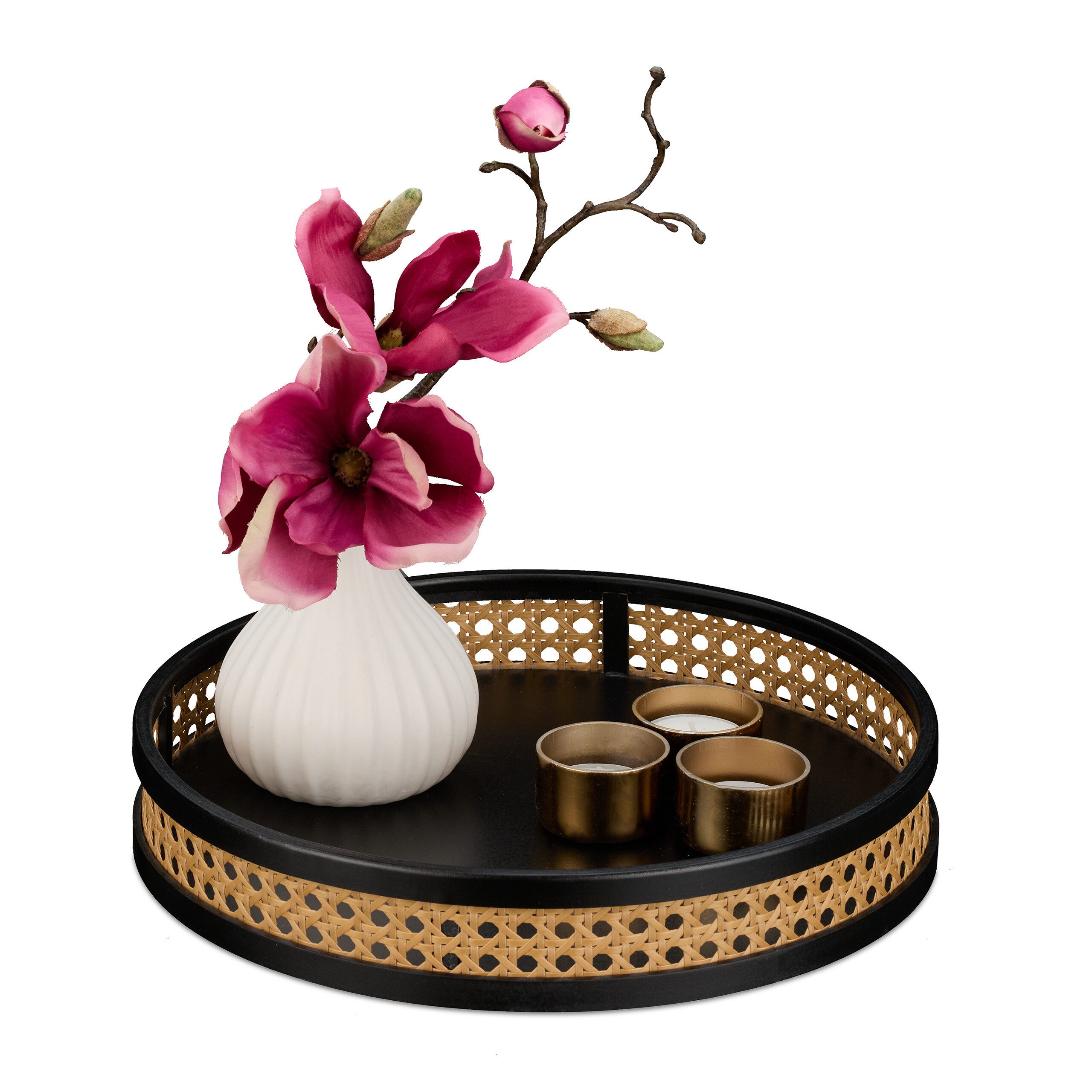 relaxdays Dekotablett Rundes Dekotablett mit Rattan