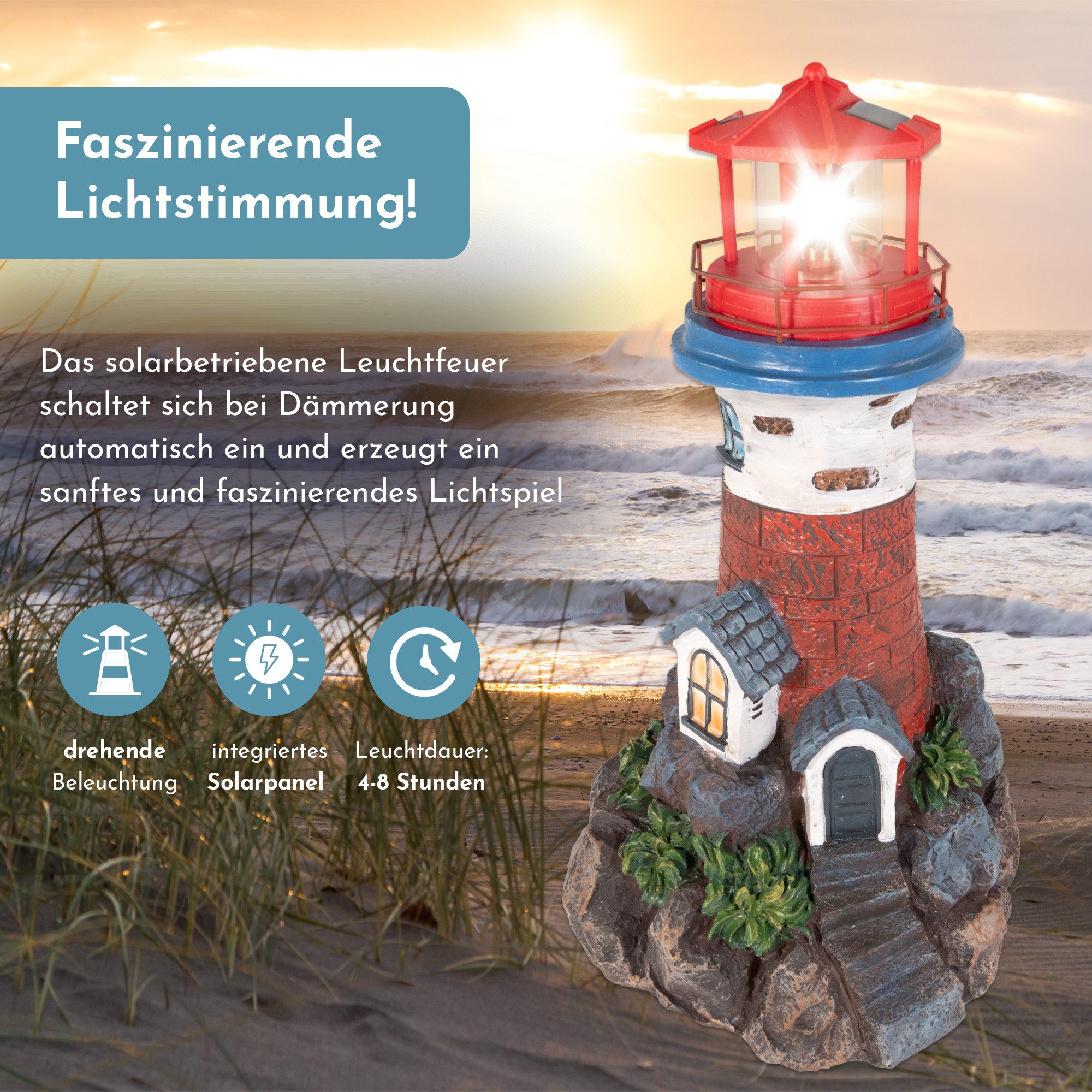 Lemodo LED-Dekofigur Leuchtturm mit Solarlicht und LED-Leuchtfeuer, Gartendeko 43 cm hoch, Leuchtturm mit rotierendem LED-Leuchtfeuer