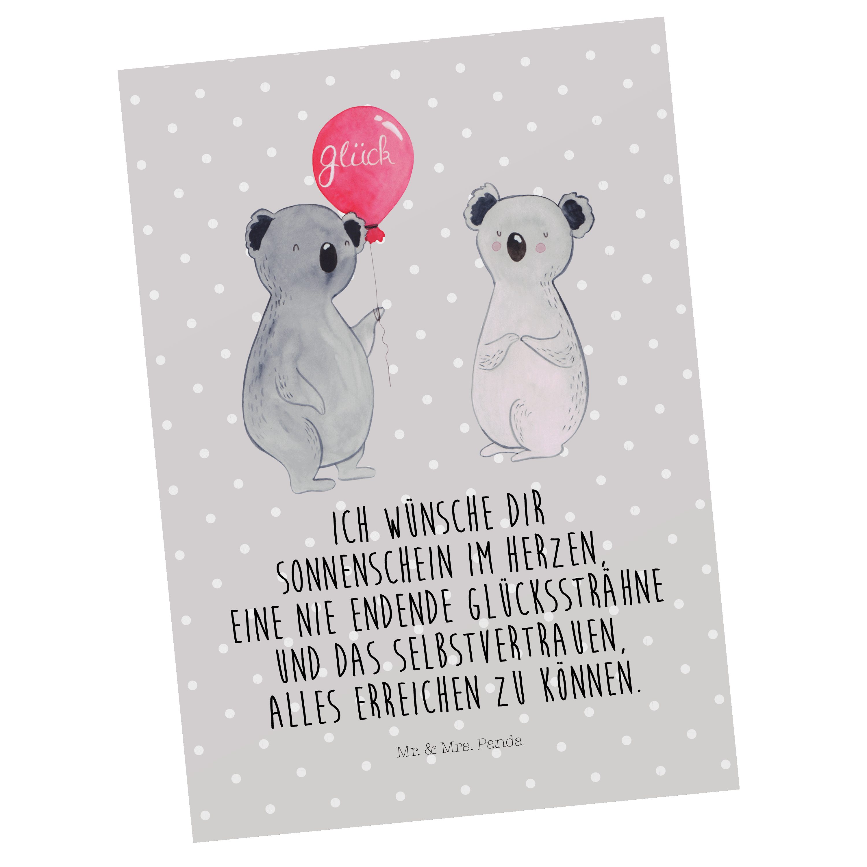 Mr. & Mrs. Panda Postkarte Koala Luftballon, Postkarte, Grau Pastell, Party, Ansichtskarte, Post