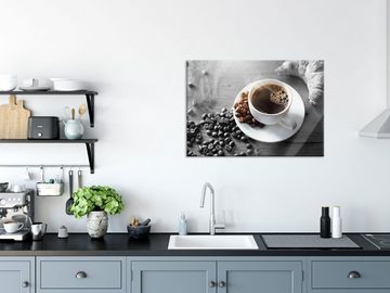 Pixxprint Glasbild Tasse Kaffee mit Bohnen und Croissant B&W Detail, Tasse Kaffee mit Bohnen und Croissant B&W Detail (1 St), Glasbild aus Echtglas, inkl. Aufhängungen und Abstandshalter