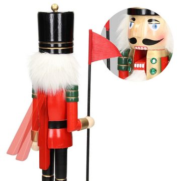 ECD Germany Nussknacker Weihnachten Holzfigur König Puppet Marionette Ornament Nussbrecher, 25cm mit schwarzer Hut Fahne aus Holz Unikat