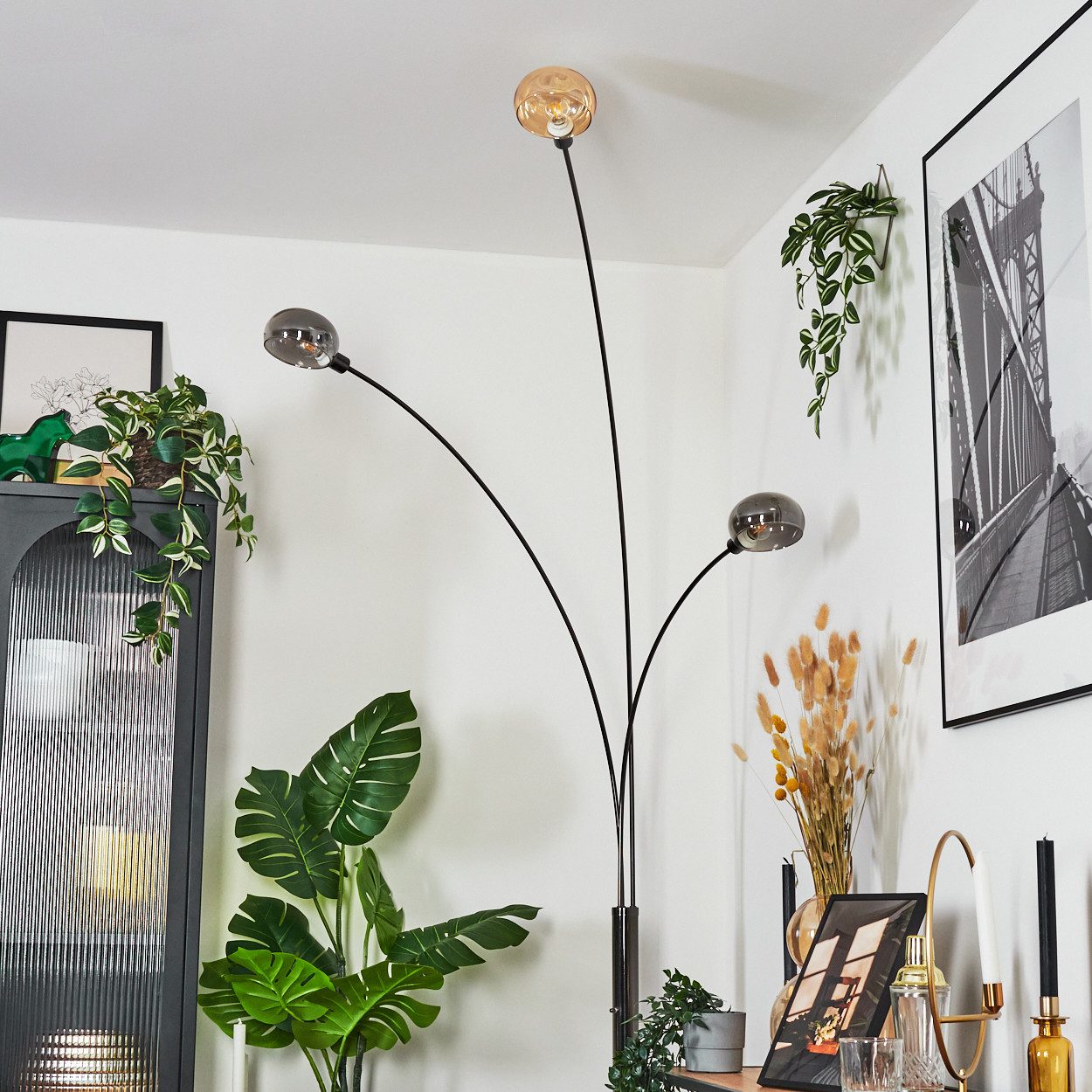 hofstein Stehlampe Stehlampe aus Metall in Schwarz/Chrom/Bernstein/Rauch im günstig online kaufen