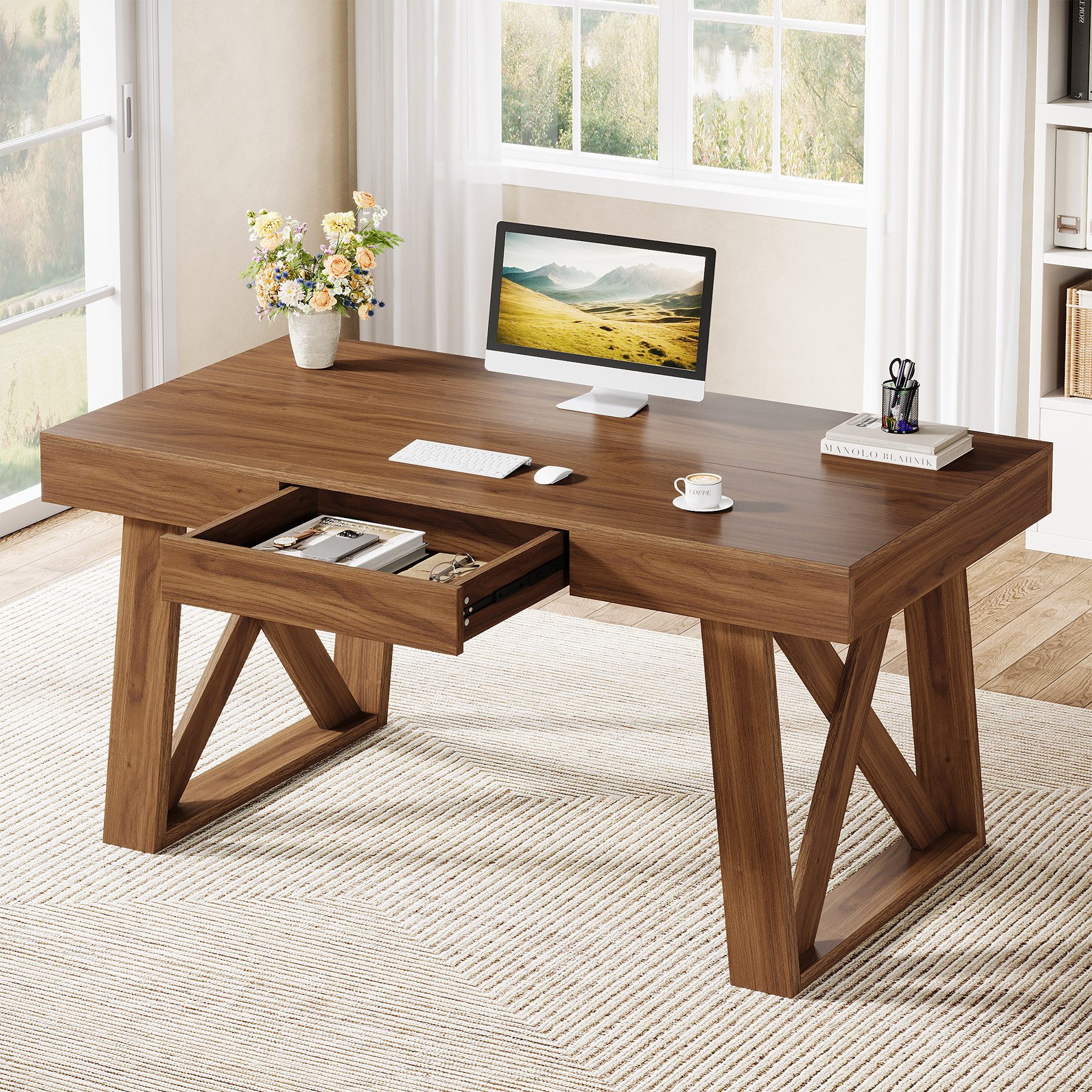 Tribesigns Schreibtisch 140 cm mit Schublade - Retro Brauner Computertisch günstig online kaufen