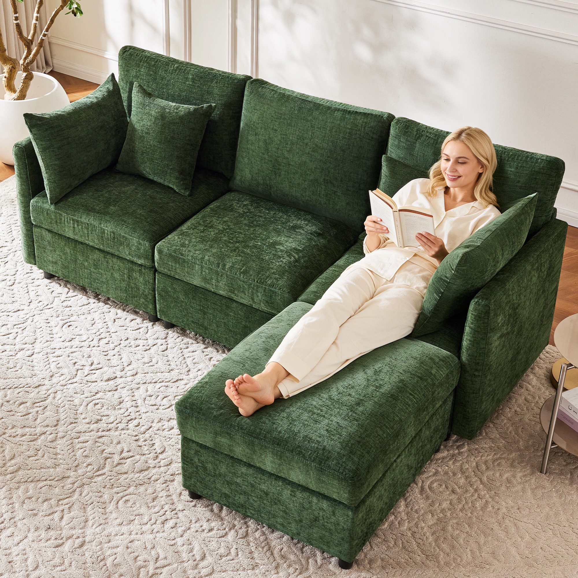 i@home 3-Sitzer L‑förmiges Ecksofa, mit beweglichem Hocker und 4 Chenille‑Kissen, Grün/Grau/Beige