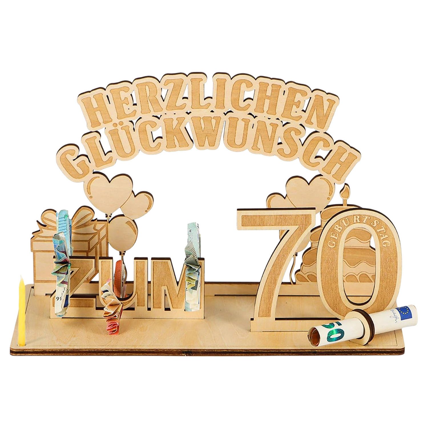 Refttenw Dekoobjekt Geldgeschenke Geburtstag mit LED Lichterkette, Geldgeschenke Deko Holz, Geschenkideen zum 70 Geburtstag
