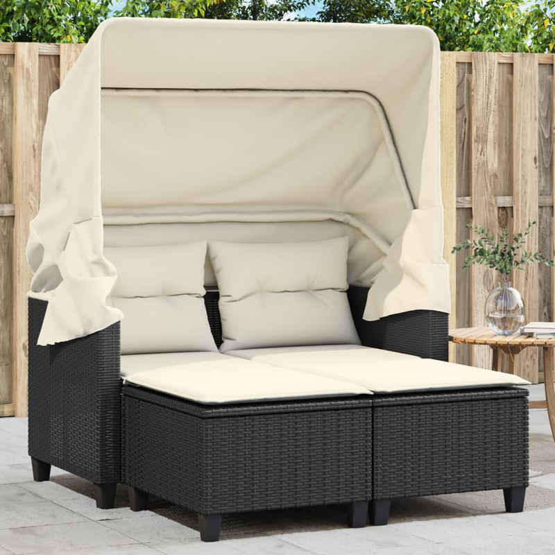 vidaXL Loungesofa Gartensofa 2-Sitzer mit Dach und Hockern Schwarz Poly Rattan