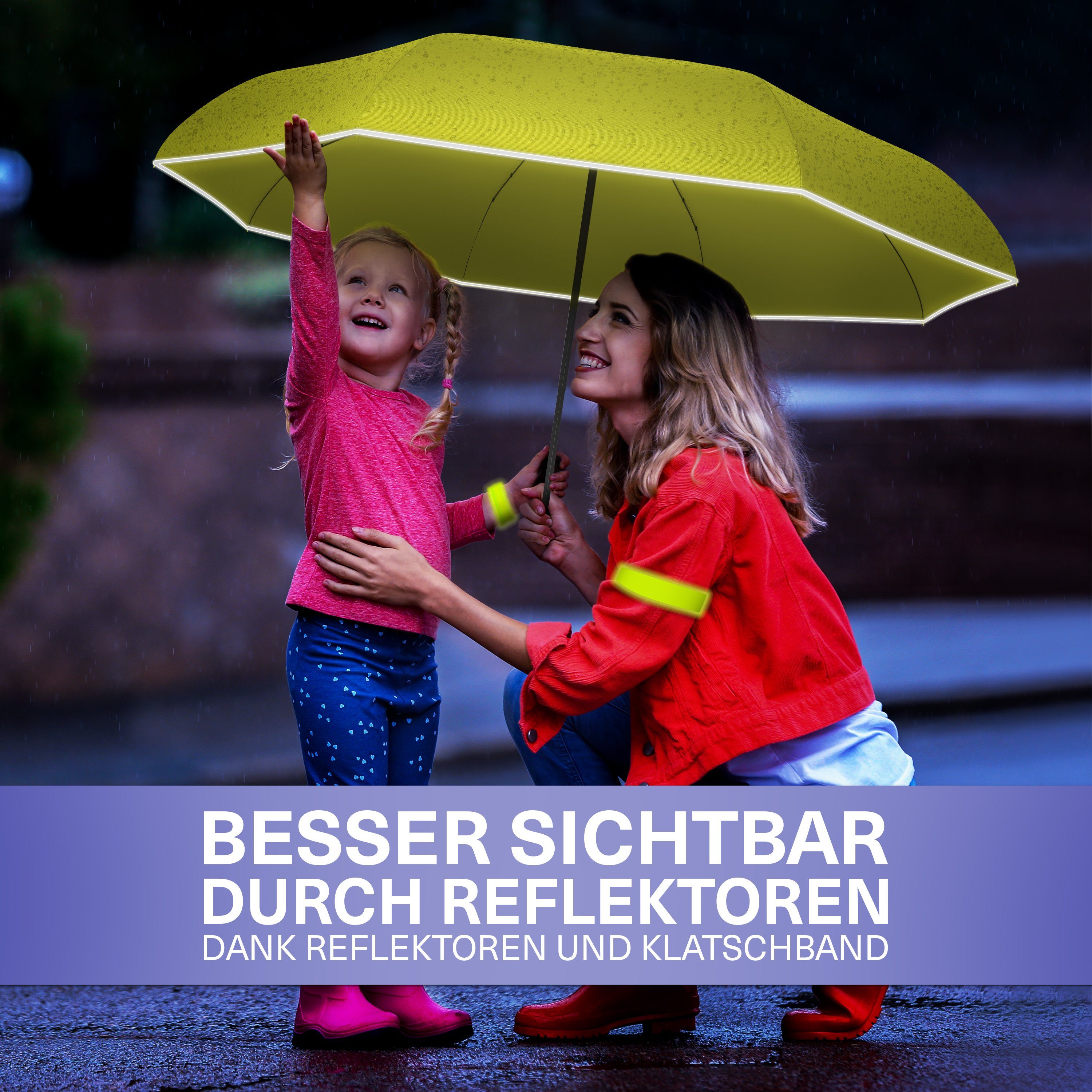 Styngard Taschenregenschirm Stockholm, Kinderregenschirm mit Reflektoren und Klatschband