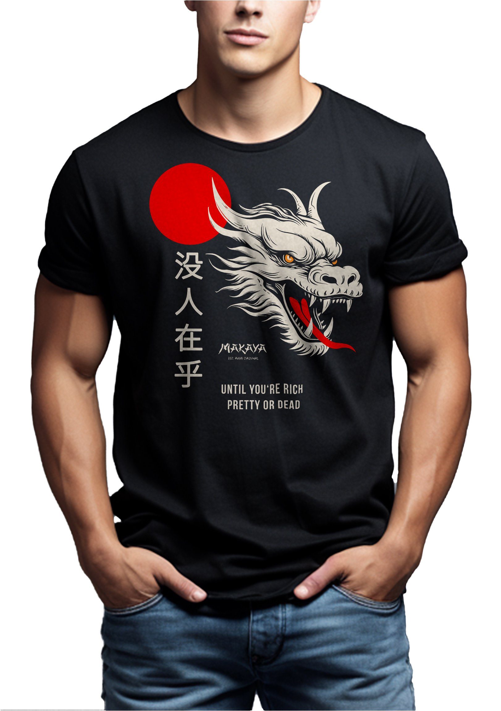 MAKAYA Print-Shirt mit Chinesischen Drachen Spruch Schriftzeichen Cares Geschenke Schwarz Dragon Coole Nobody
