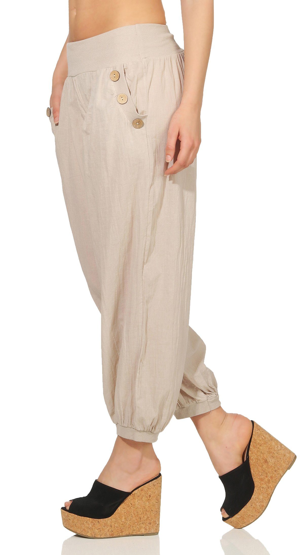 Mississhop Haremshose Damen Aladinhose Hose Baumwolle M.297 Unifarbe Sommerhose Beige