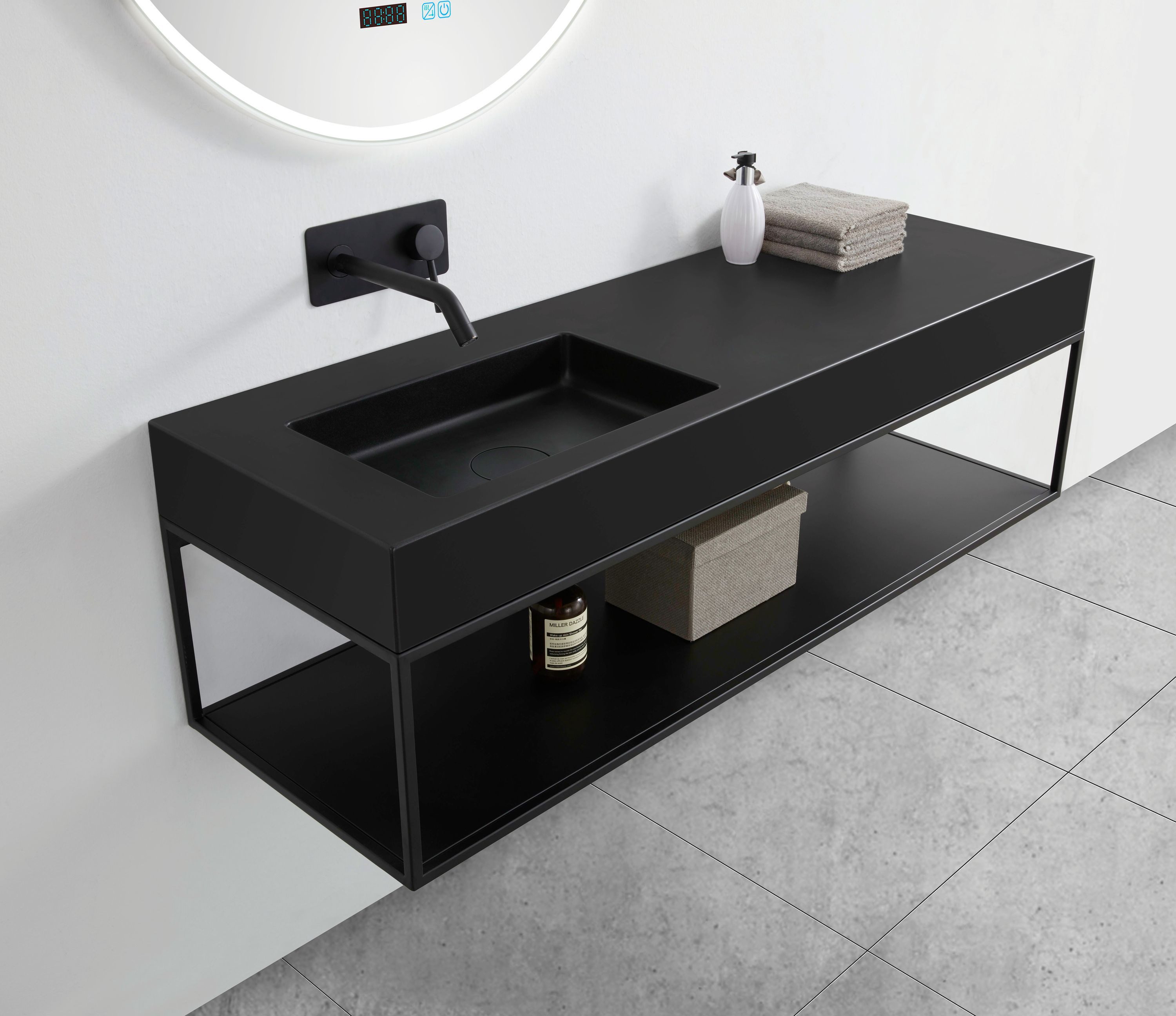 Bernstein Waschtisch BA8012 121cm Quarz Schwarz, Wandwaschbecken 121cm Quarz Schwarz mit Ablagefläche