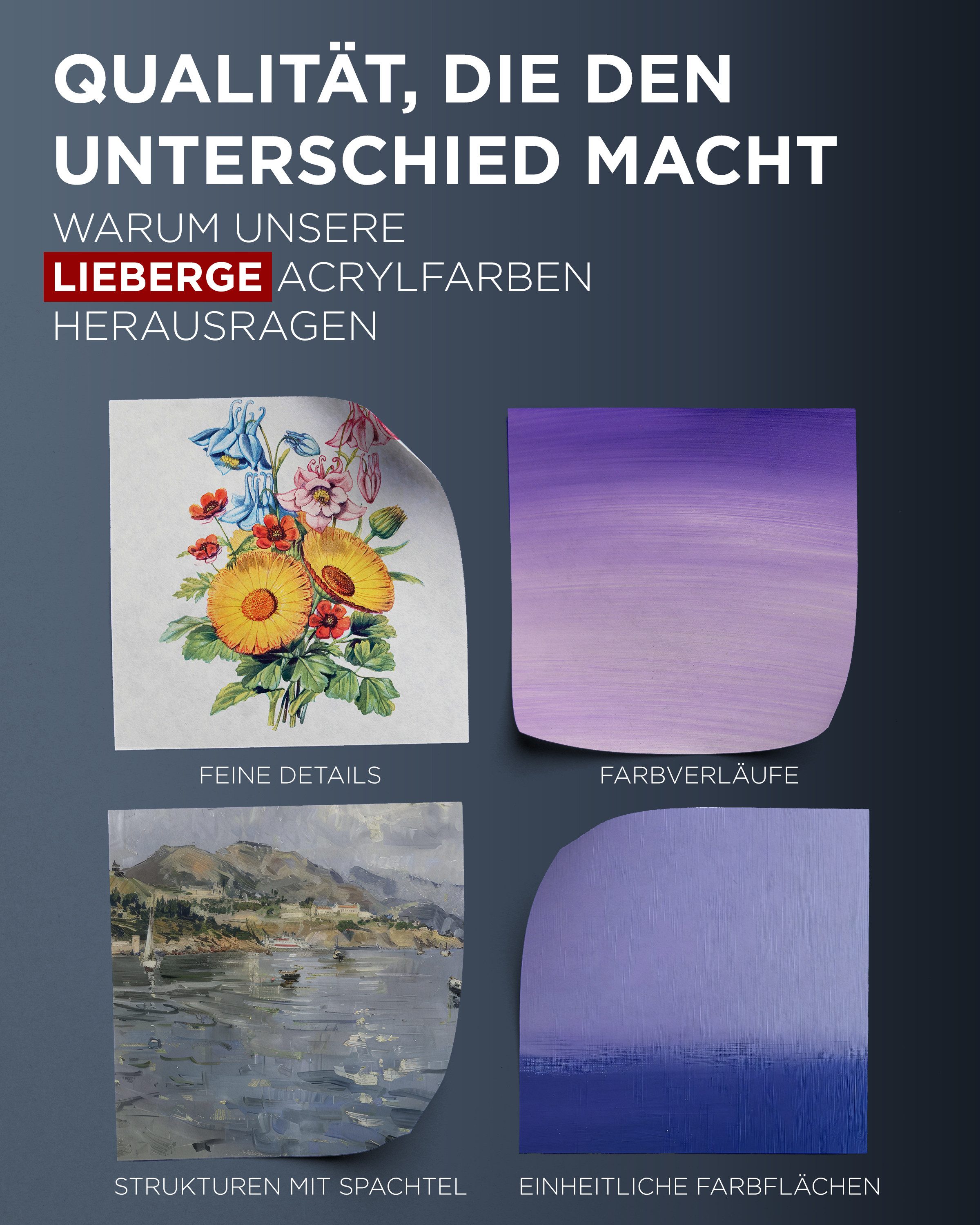 LIEBERGE Acrylfarbe Premium Set – 24 intensive Farben à 12ml mit hoher Deckkraft, hohe Farbbrillianz, lichtbeständig, wasserbasiert, schnelltrocknend – Bild 5 von 5