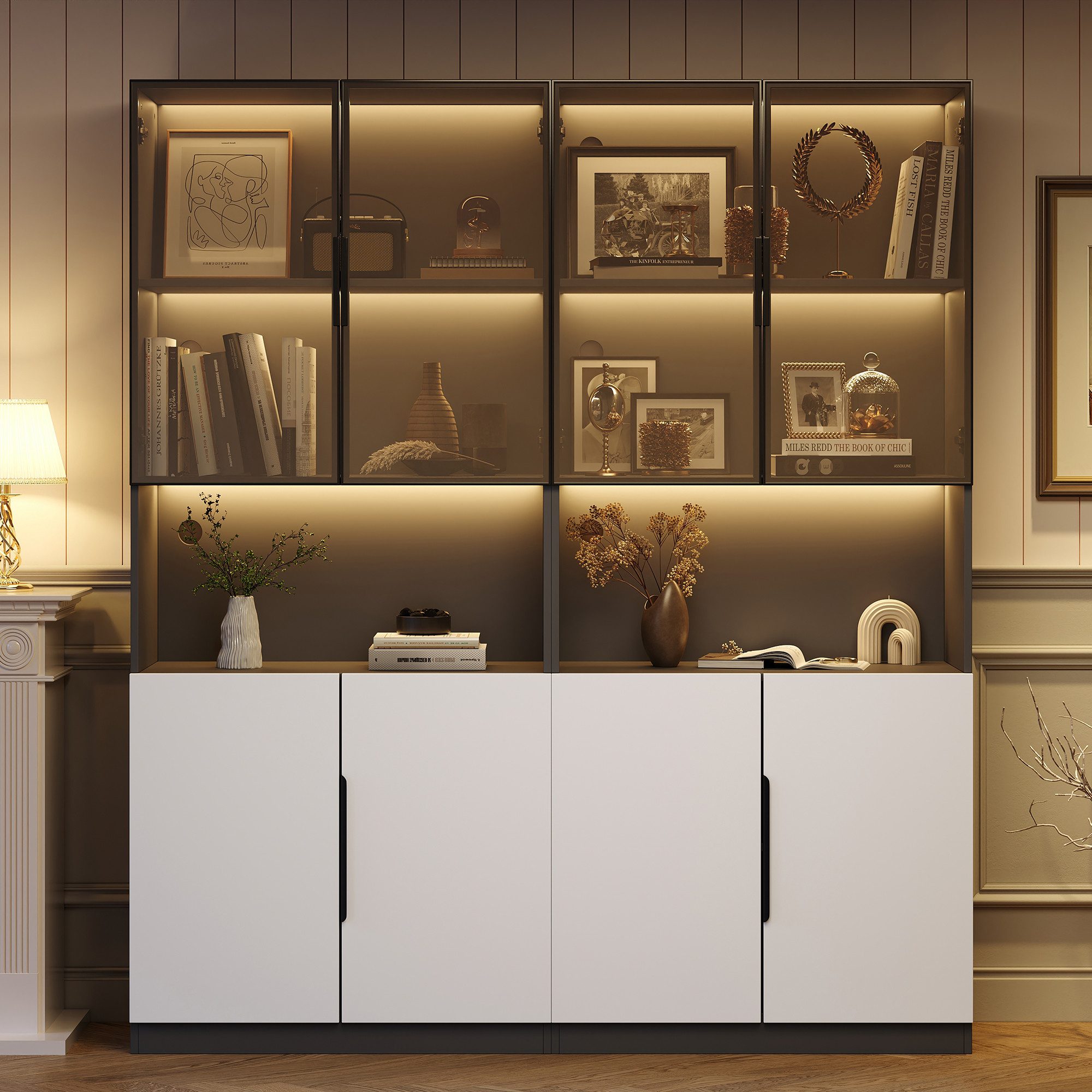 STILVORA Vitrine 2m Highboard Sideboard mit LED-leuchten und Glastüren,Beis günstig online kaufen
