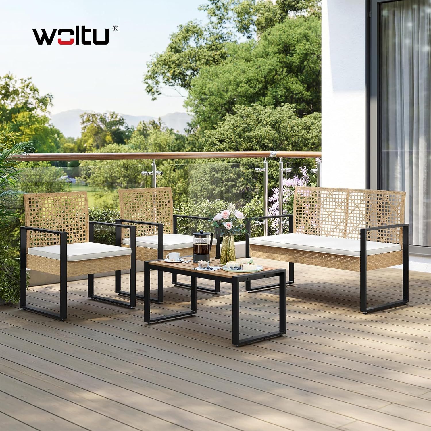 Woltu Gartenlounge-Set, (4-tlg), Gartenmöbel mit 1 Sofa 2 Sessel 1 Couchtisch und Kissen, Rattan-Optik