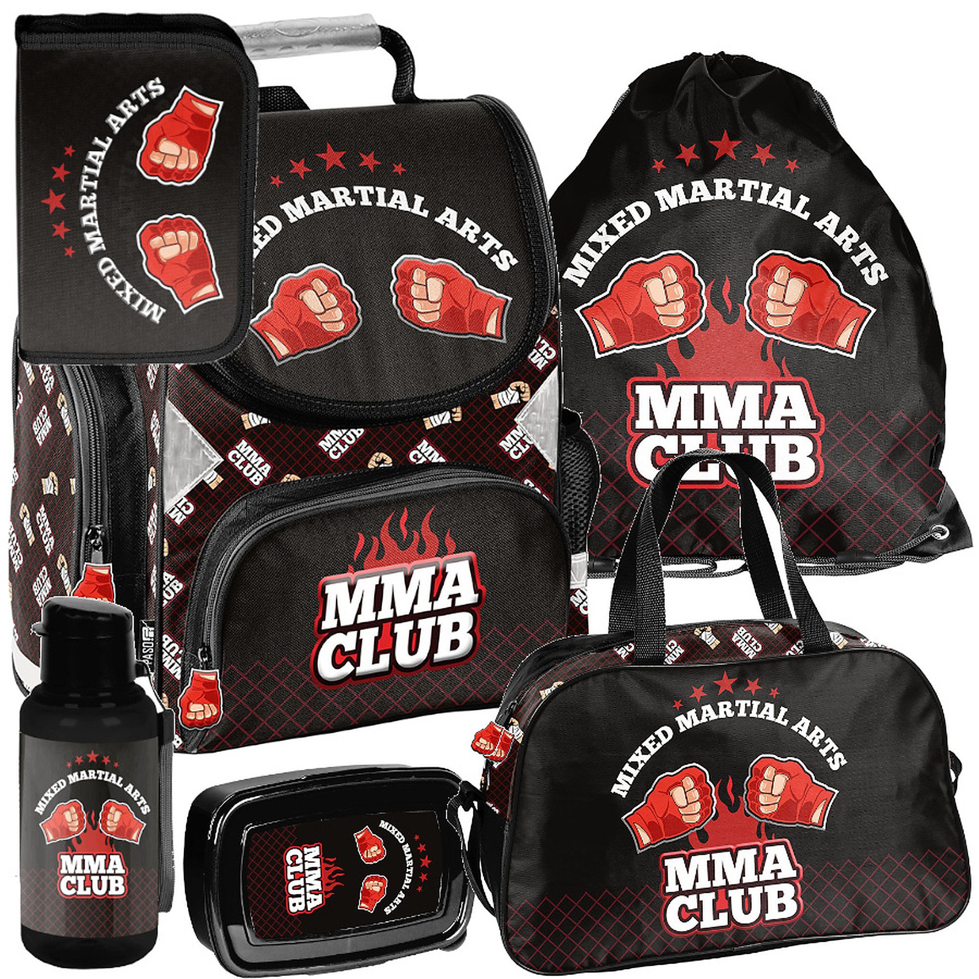 PASO Schulrucksack Mega-Set MMA Club Schulset 6-tlg. (Rucksack + Turnbeutel + Federmäppchen + Lunchbox + Trinkflasche + Sporttasche, 6-tlg)