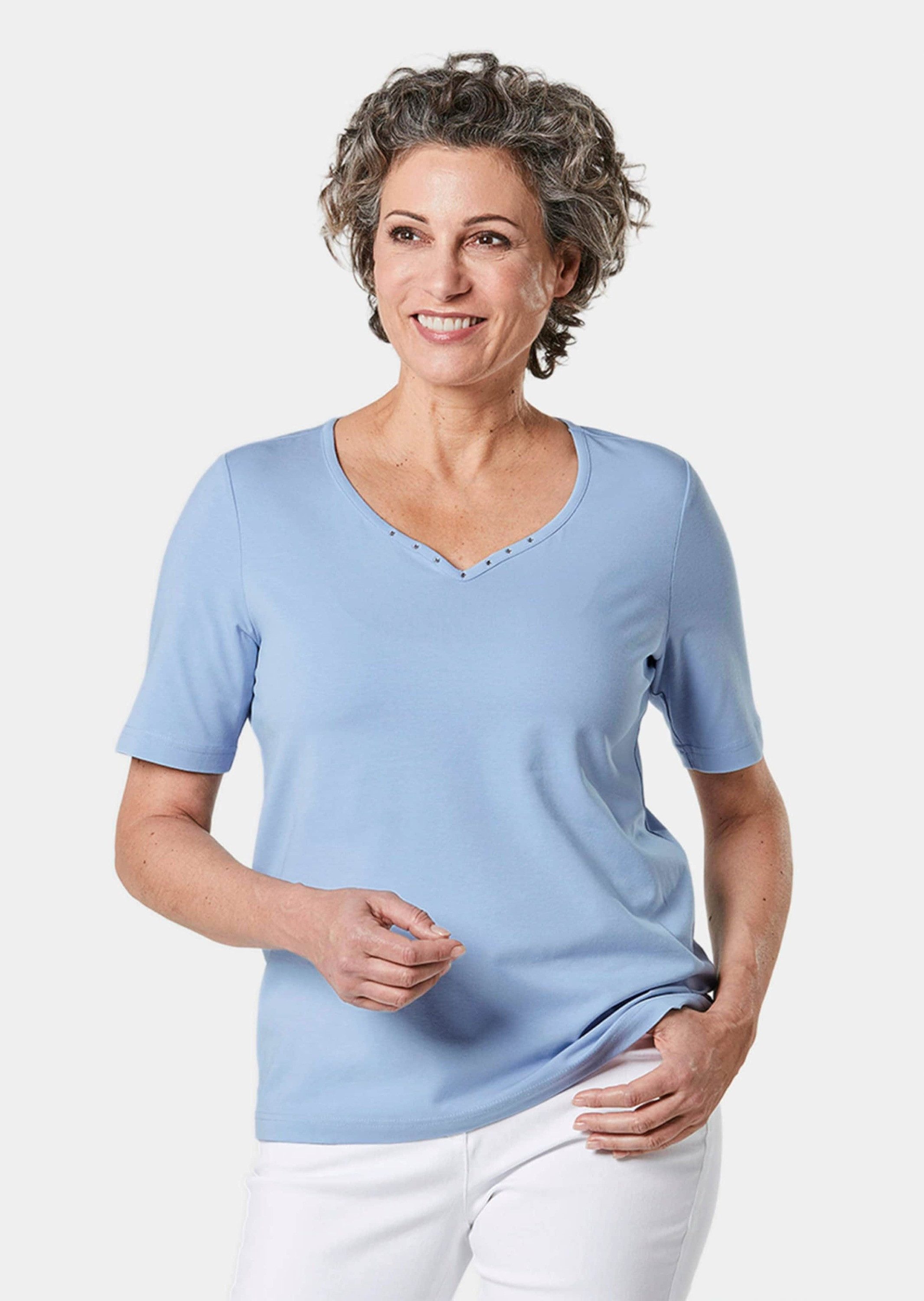 T-Shirt Kurzgröße: Halbarm Basic-Shirt aus Baumwolle