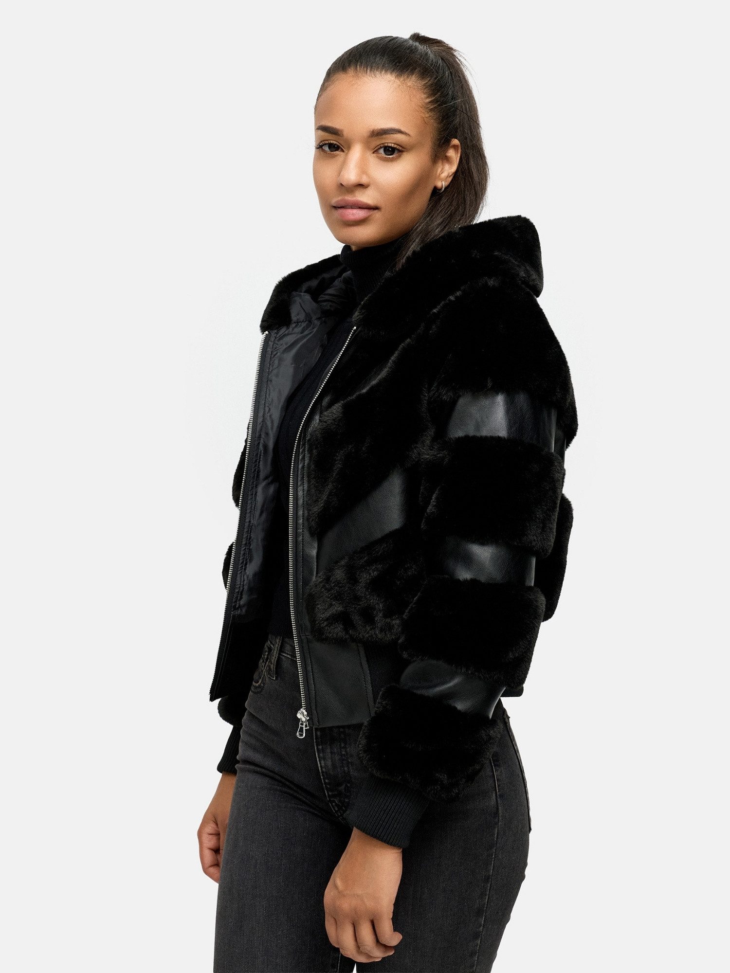 Tazzio Winterjacke F803 mit Kapuze, im Bomber-Style & Fell-Streifen-Look – Bild 5 von 5