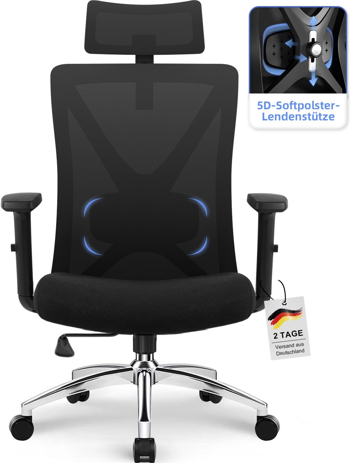 Hiazurm Bürostuhl Bürostuhl, Chefsessel, Ergonomischer Schreibtischstuhl, Computerstuhl (Verstellbare 5D gepolsterte Lendenwirbelstütze, Wippfunktion bis 135°,geräuscharmen Rollen, höhenverstellbar), Atmungsaktiver Netzbezug,Bis 200 kg