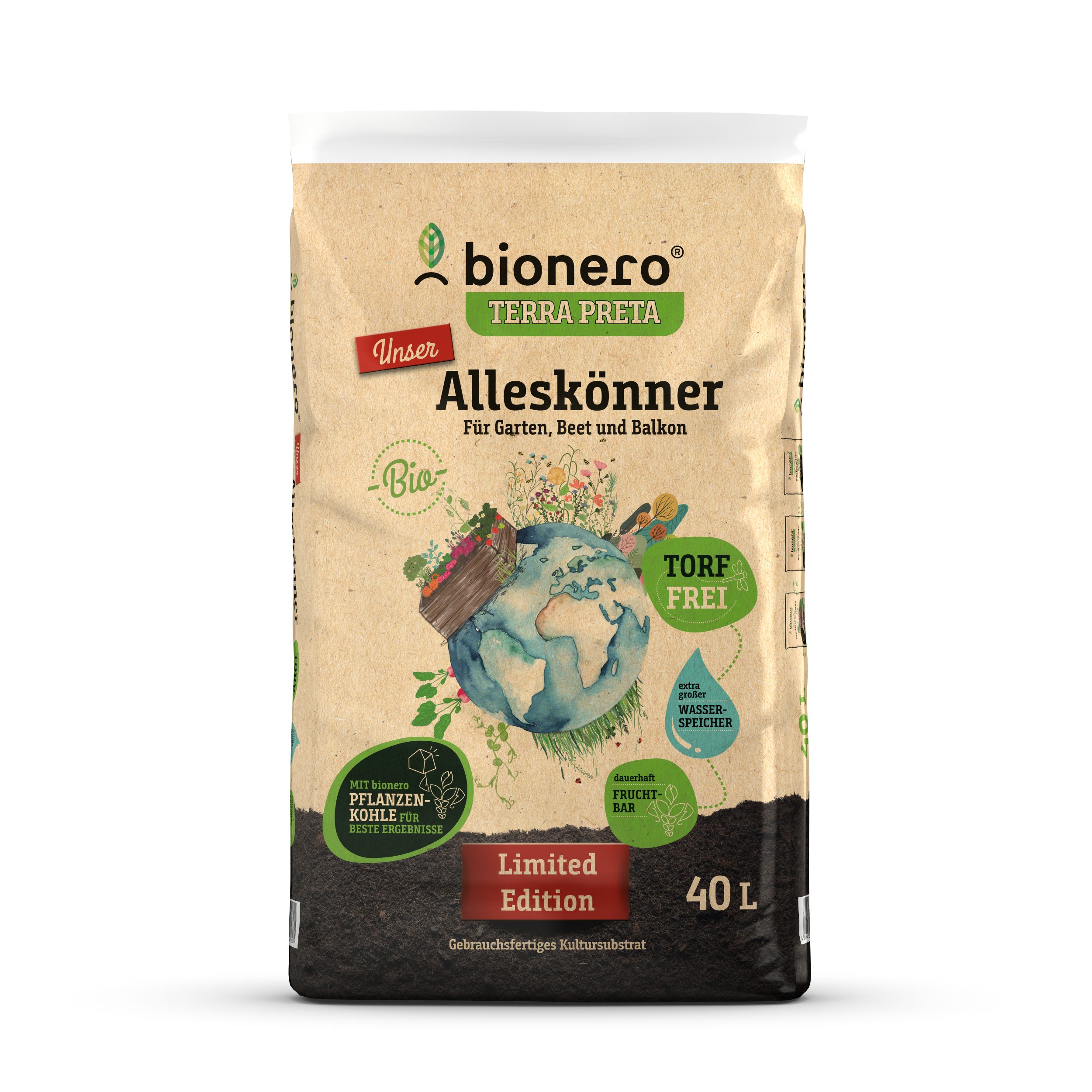 bionero TERRA PRETA Pflanzerde Bio-Alleskönner Limited Edition 40l, mit Pflanzenkohle, 100% torffrei, klimafreundlich, regional