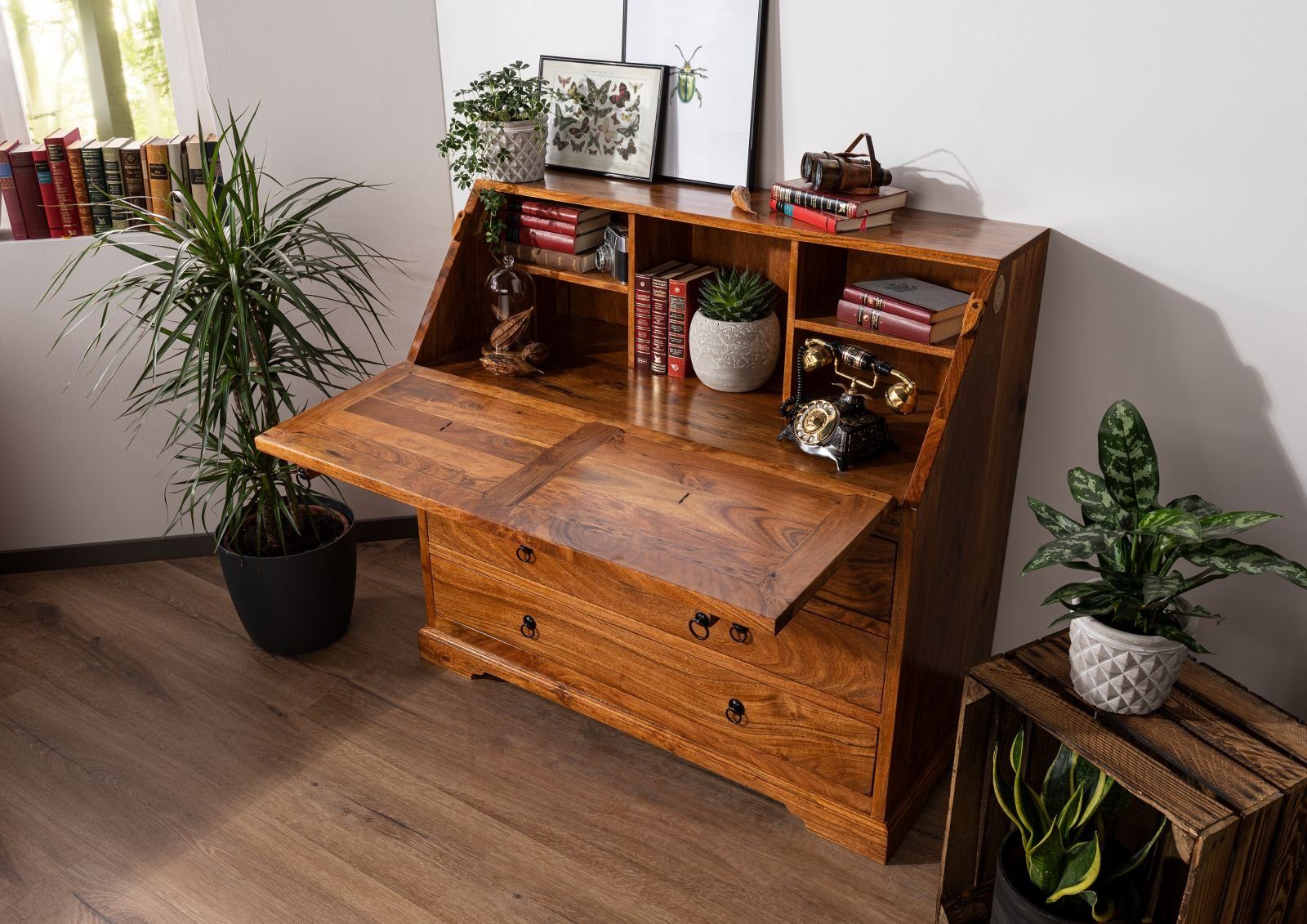 Massivmoebel24 Schreibtisch Sekretär Akazie 107x50x100 honig  günstig online kaufen