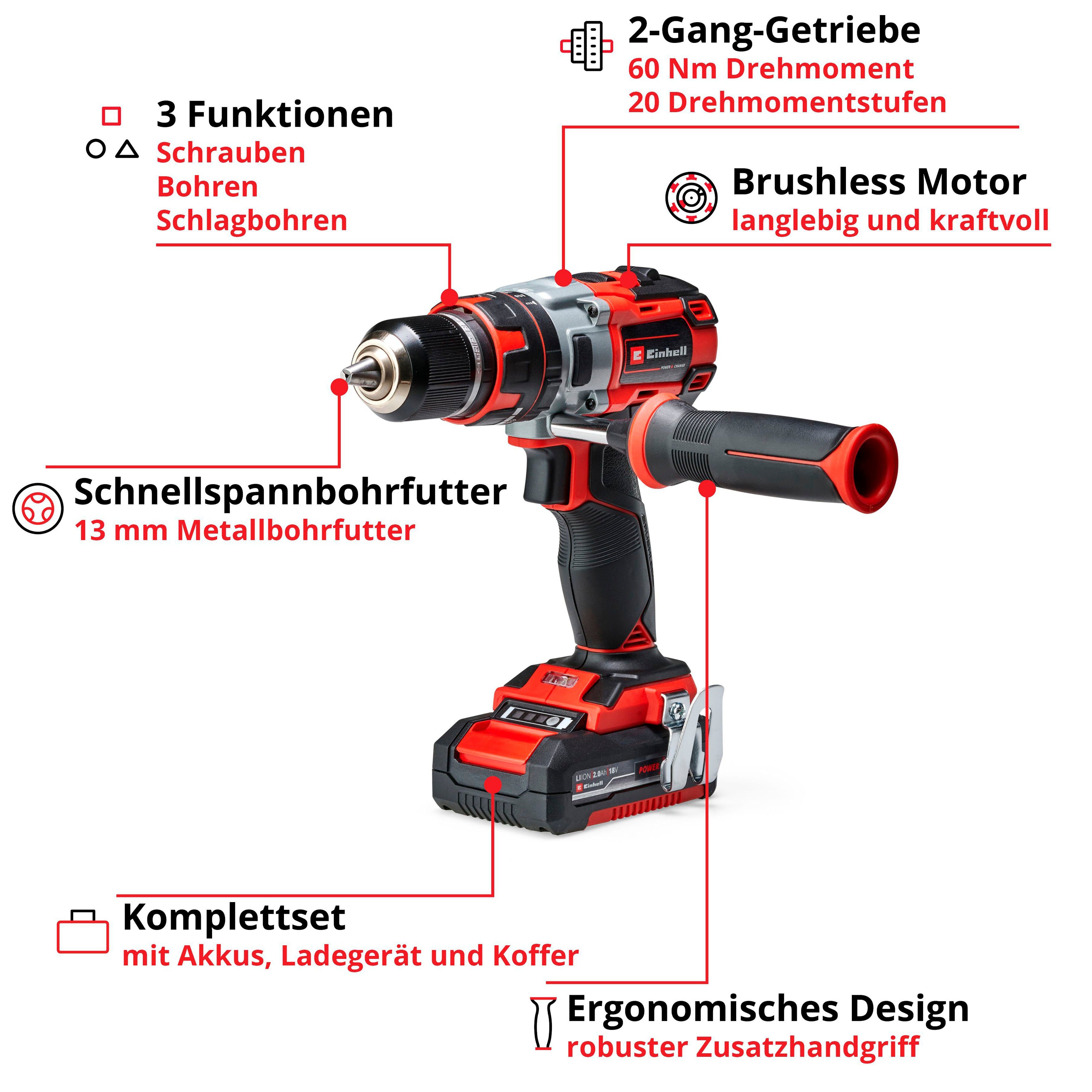 und 2x Power BL, Akku-Schlagbohrschrauber U/min, inkl. Li-i max. Ladegerät Einhell X-Change, TE-CD 18 1800 Ah 2,0