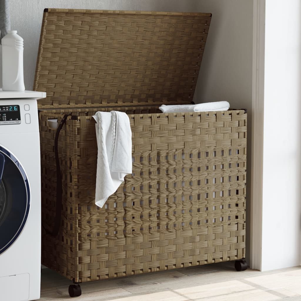 furnicato Wäschekorb aus Rattan mit 66x35x60 cm in Weiß (1 St), Wäschesammler mit Deckel, 3 Fächern, Rollen und klappbarem Design