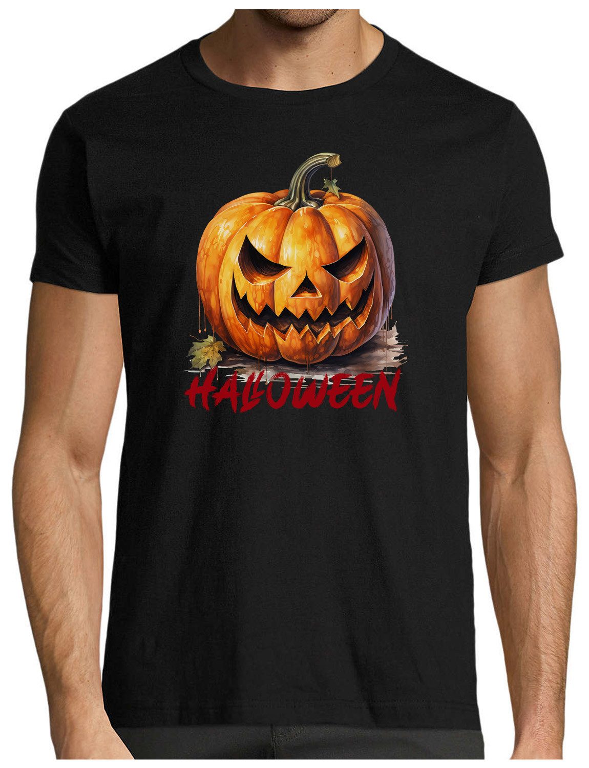 MyDesign24 T-Shirt Herren Halloween Shirt Kürbis mit gruseligem Gesichtsausdruck Gruseliges Halloween Kürbis Gesicht Regular Fit i413