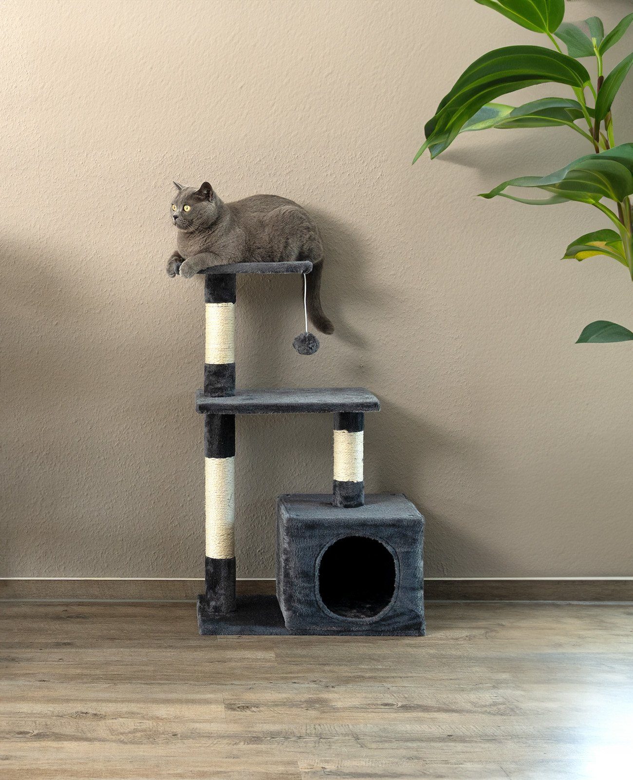 lionto Kratzbaum 85 cm, kompakter Spielbaum für Katzen, mit Wandhalterung, Höhle, 2 Plateaus, Plüschball & Sisalstämmen