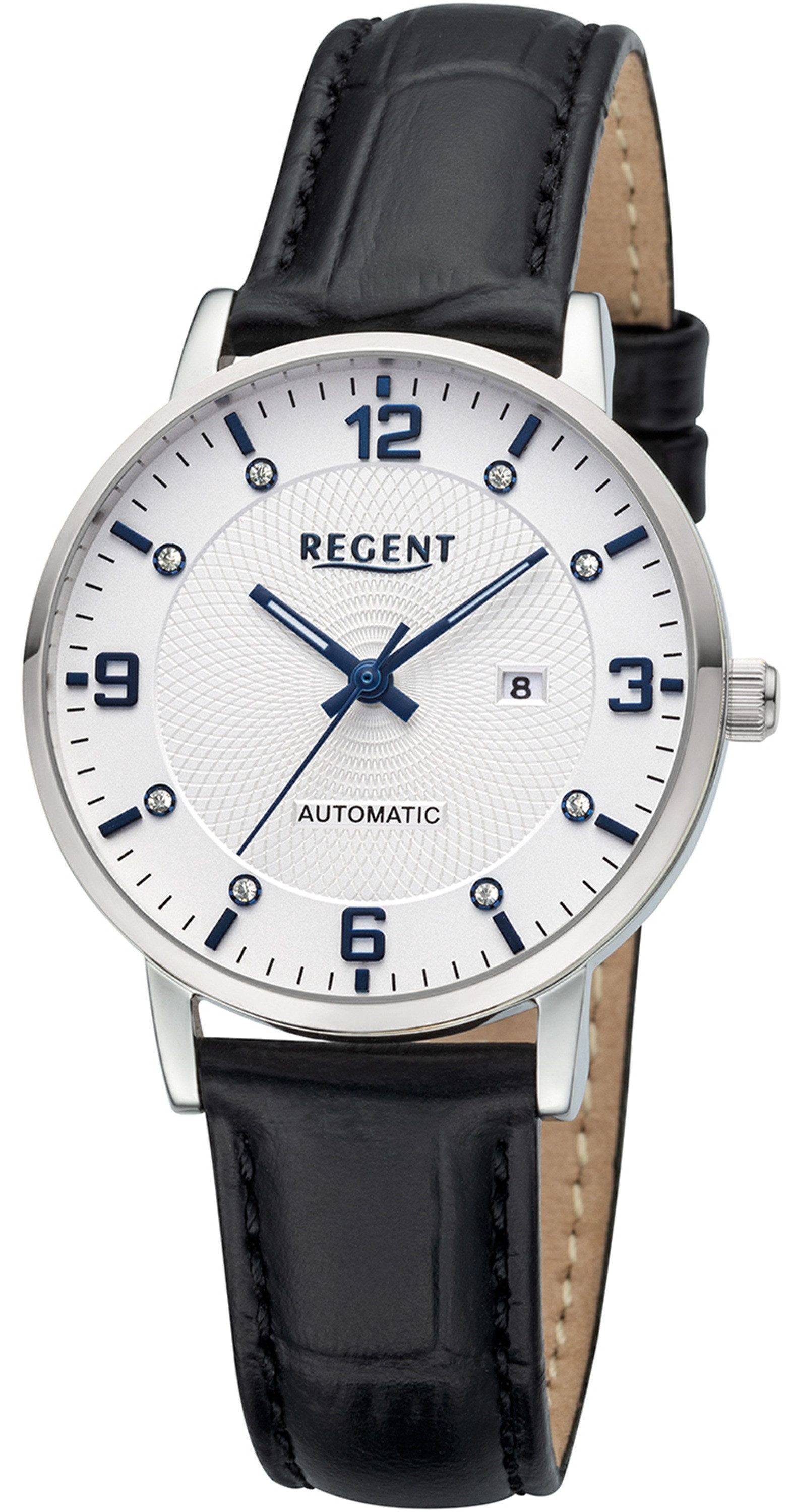 Regent Automatikuhr Edelstahl IPG 5Bar 34mm Lederband, ein besonderes Geschenk Damenuhr Automatik, Glitzersteine als Minutenindex auf dem Zifferblatt