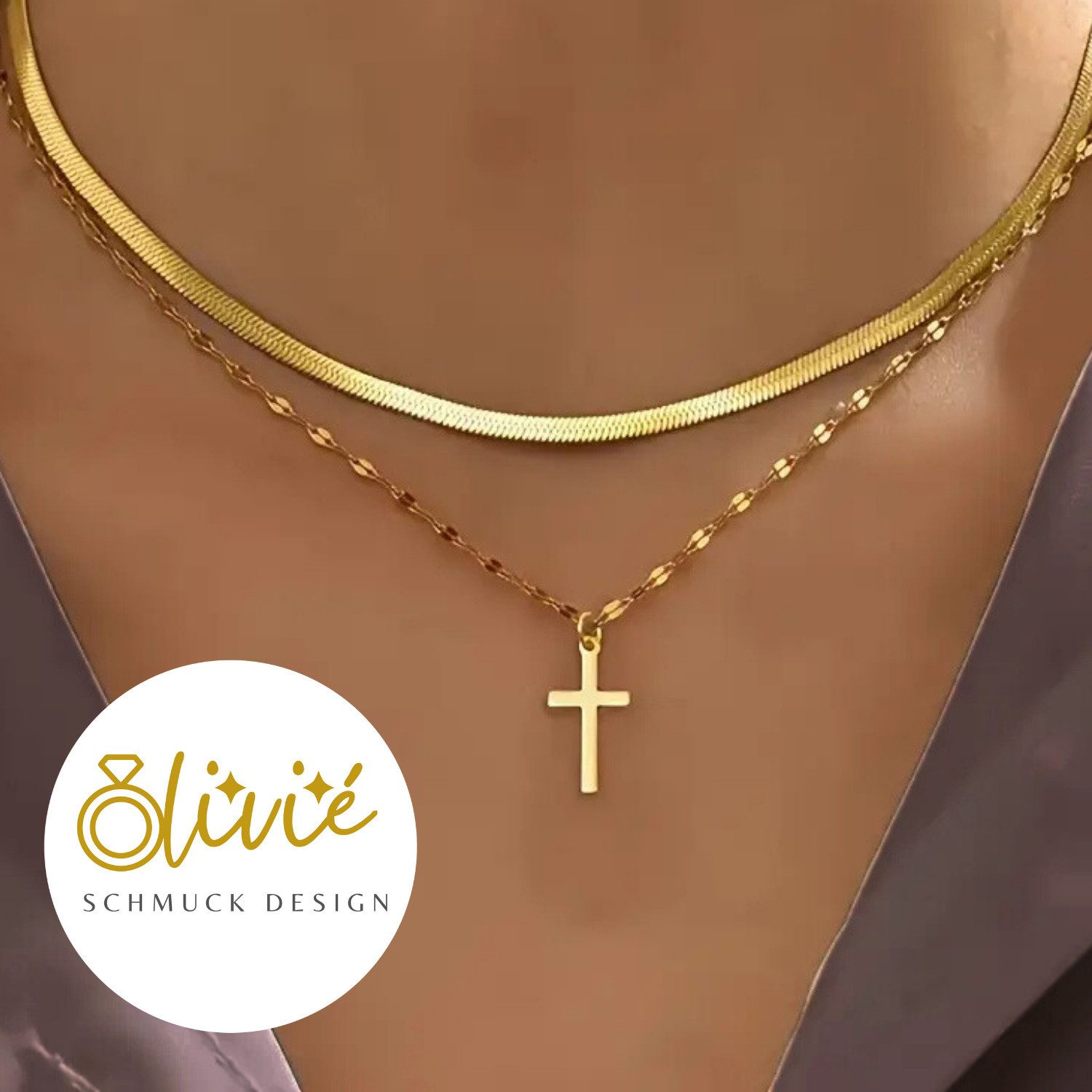 XCOAST Schmuckset Halskette Damen Double Layer Kreuz Gold (2-tlg) günstig online kaufen