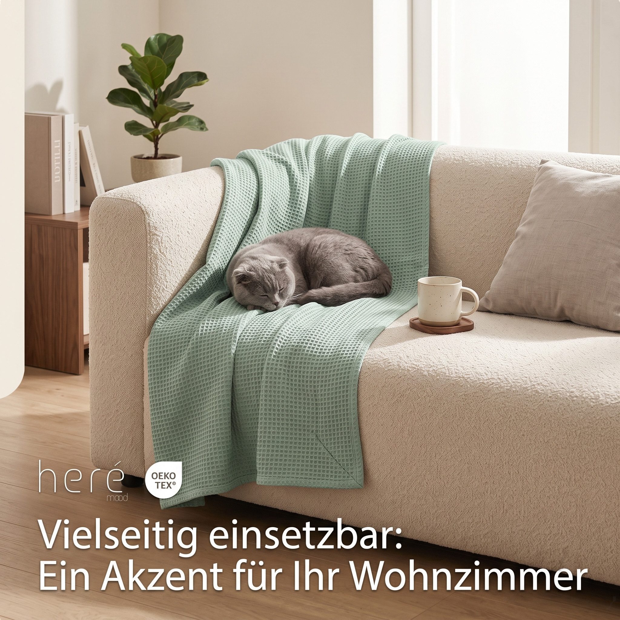 herémood Tagesdecke aus 100% Baumwolle – Wohndecke Elegante Waffelpique Kuscheldecke, für Sofa & Bett, atmungsaktiv & pflegeleicht – 150x200 cm MINTGRÜN