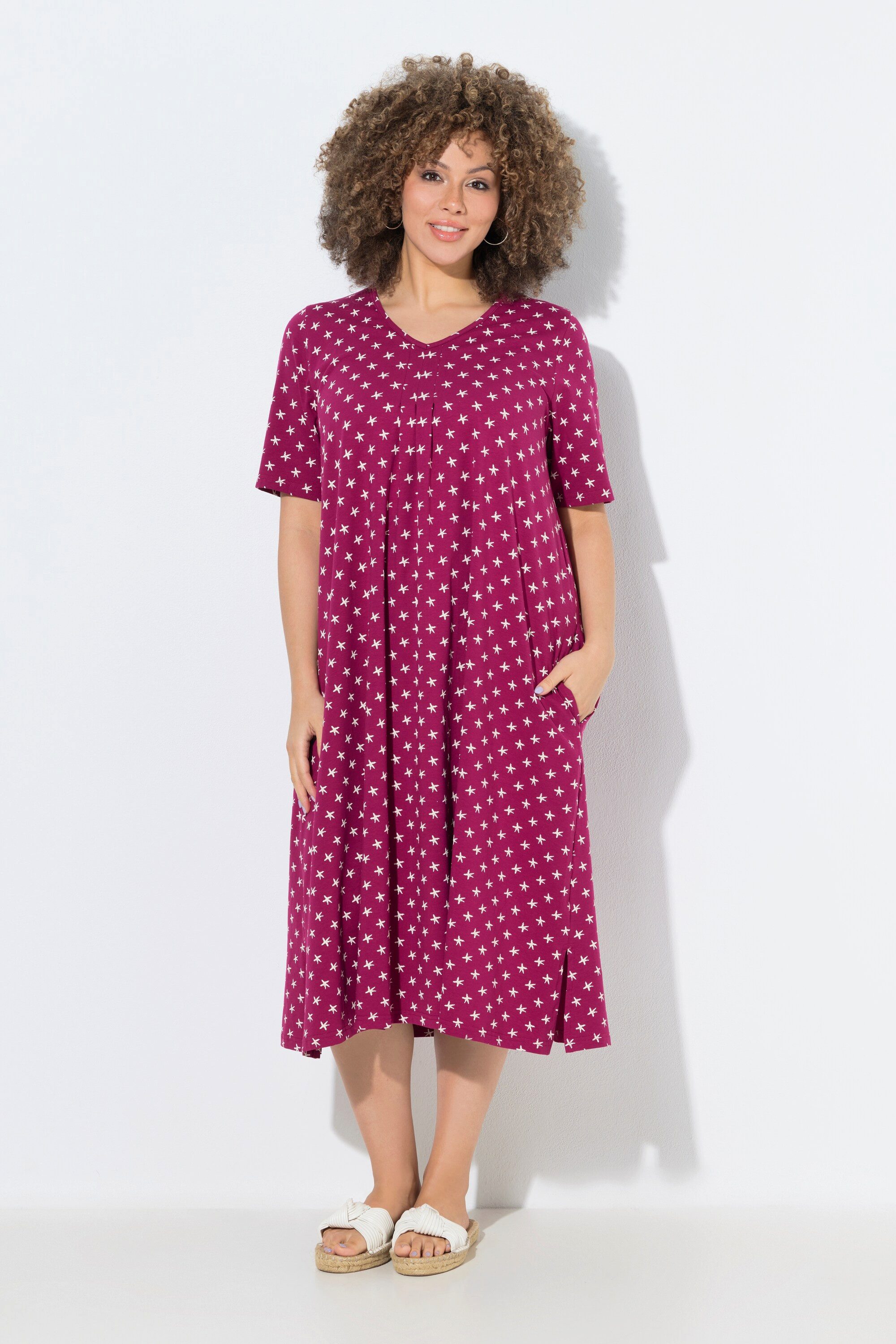 Ulla Popken Jerseykleid Midikleid Sterne V-Ausschnitt Halbarm Taschen