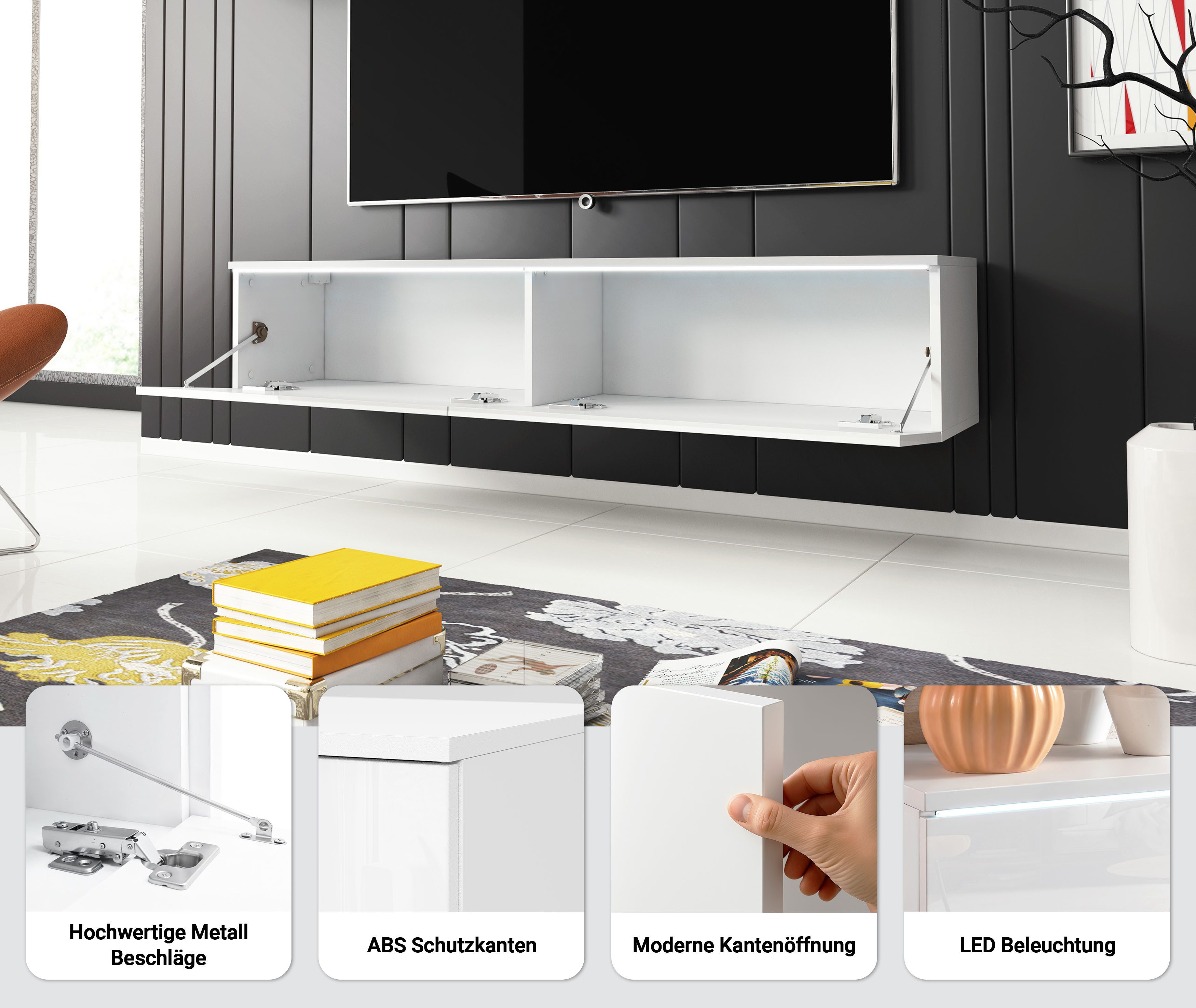 Home affaire Lowboard LOWBOARD D, wahlweise mit oder ohne Beleuchtung, modernes TV-Board ohne Griffe, mit viel Stauraum,stehend und hängend