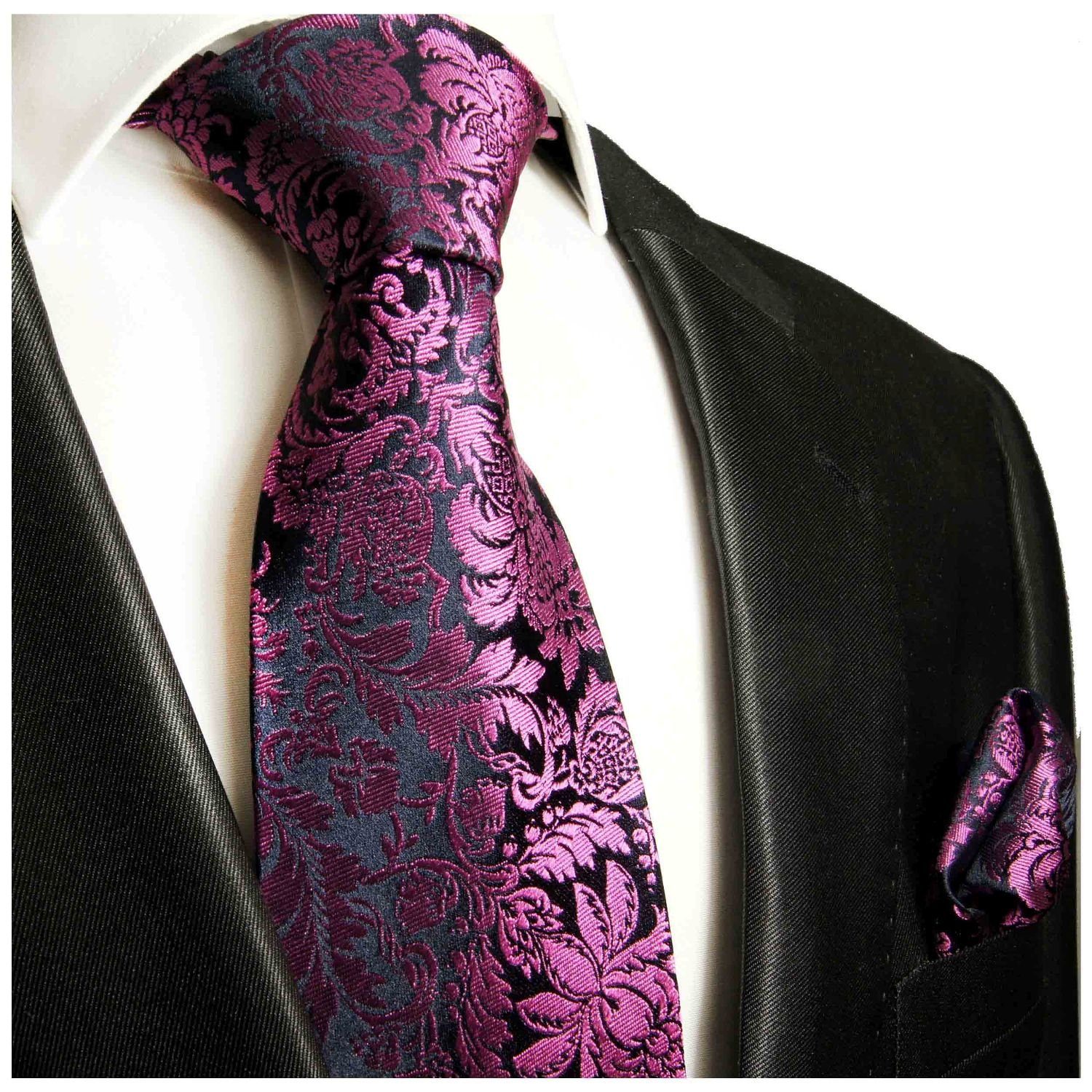 Tuch Schmal Einstecktuch) Krawatte 100% Paul Seidenkrawatte modern (Set, mit 2-St., mit Krawatte pink blau 688 (6cm), Malone Herren floral Seide