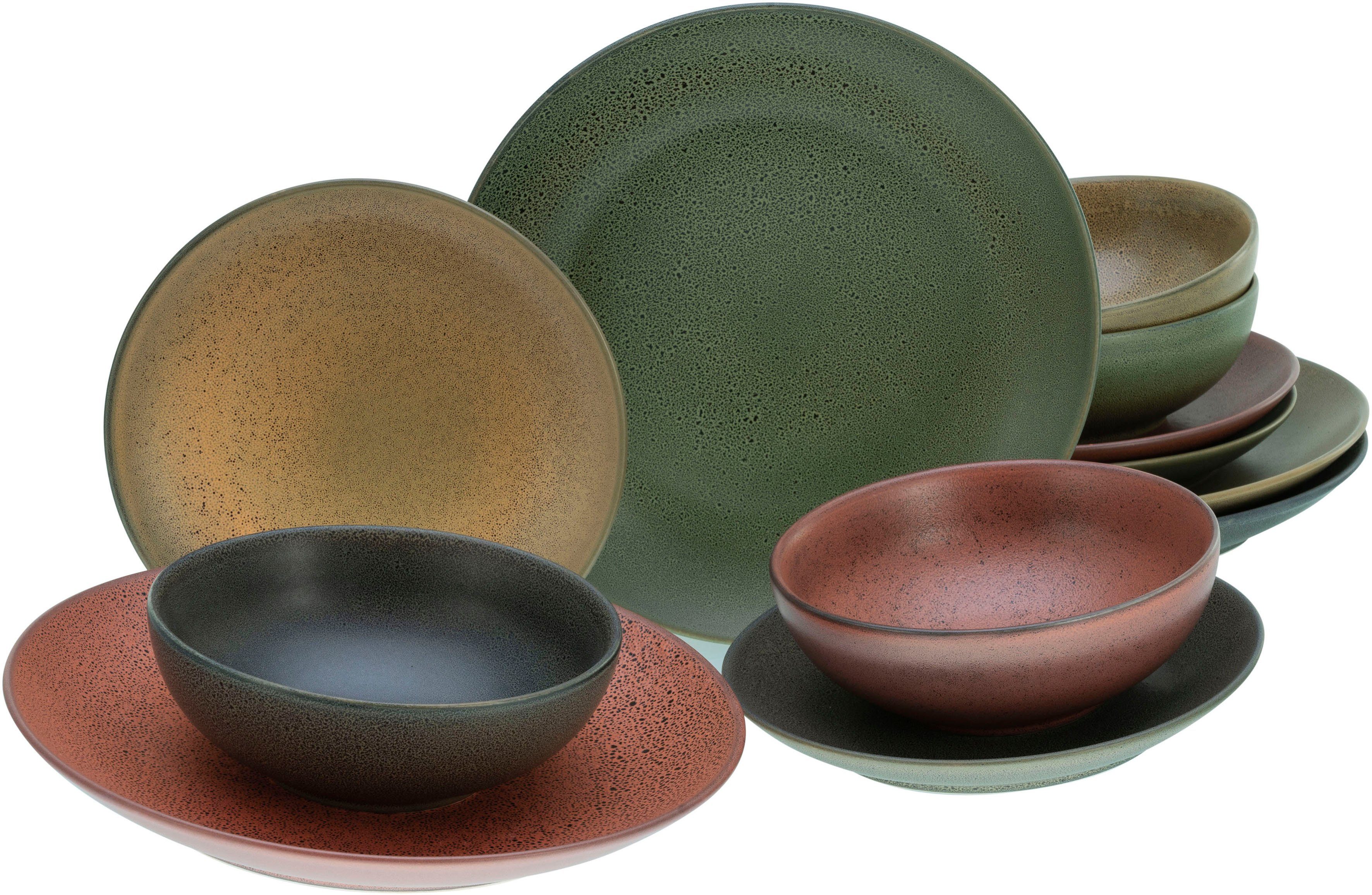 CreaTable Tafelservice Teller Set, Sierra Nevada Mix (12-tlg), 4 Personen, Steingut, seidenmatte, reaktive Spezialglasur, jedes Stück ein Unikat